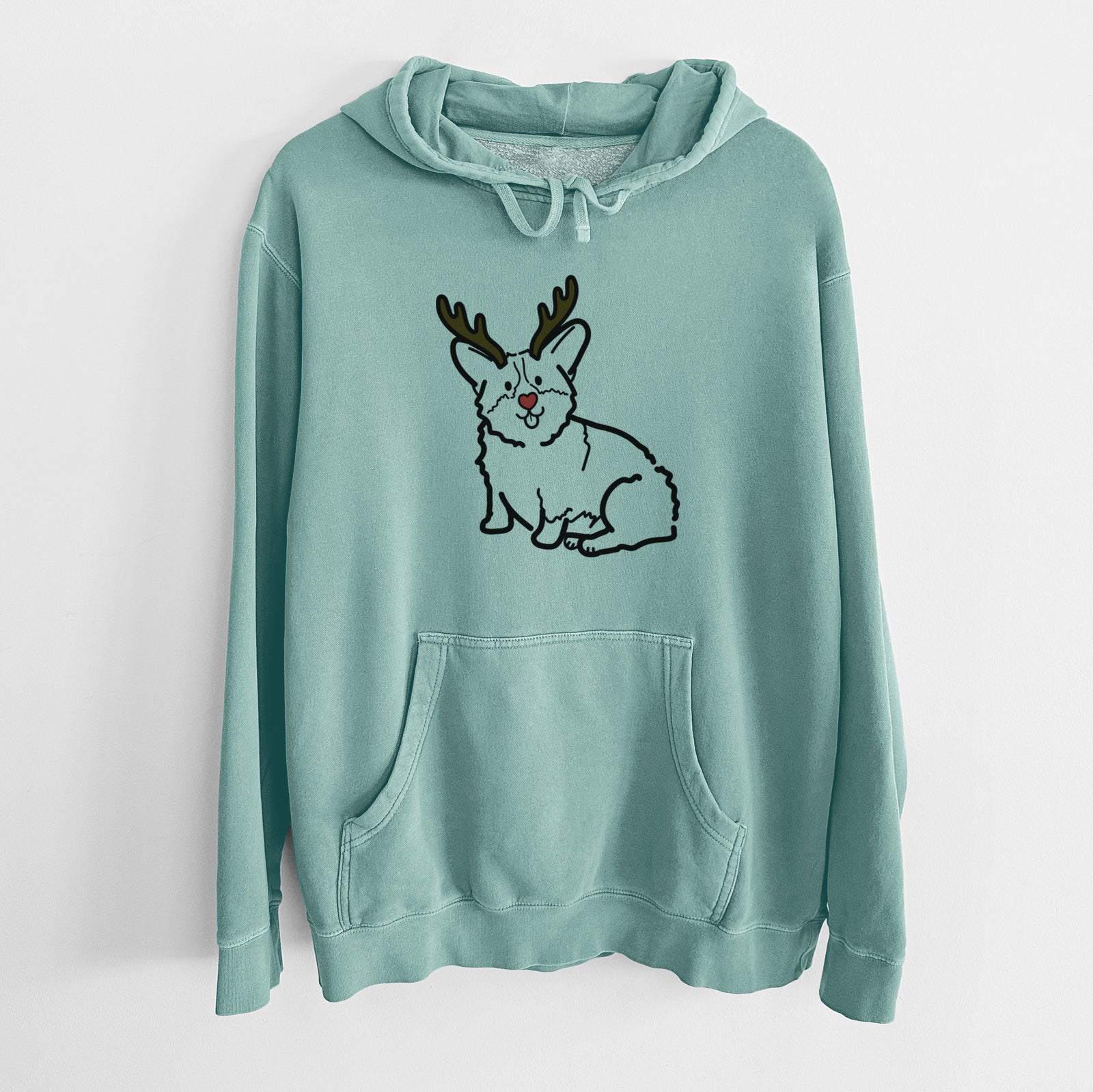 Minimalist line drawing of Millie the Pembroke Welsh Corgi with reindeer antlers and a red nose on a Mint Unisex pigment dyed hoodie