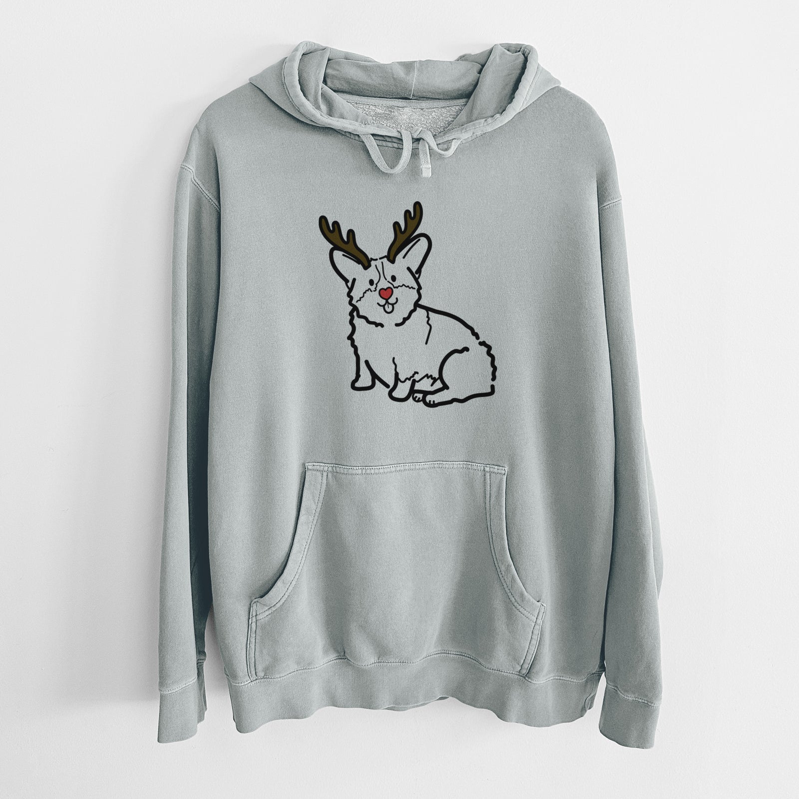 Minimalist line drawing of Millie the Pembroke Welsh Corgi with reindeer antlers and a red nose on a Sage Unisex pigment dyed hoodie