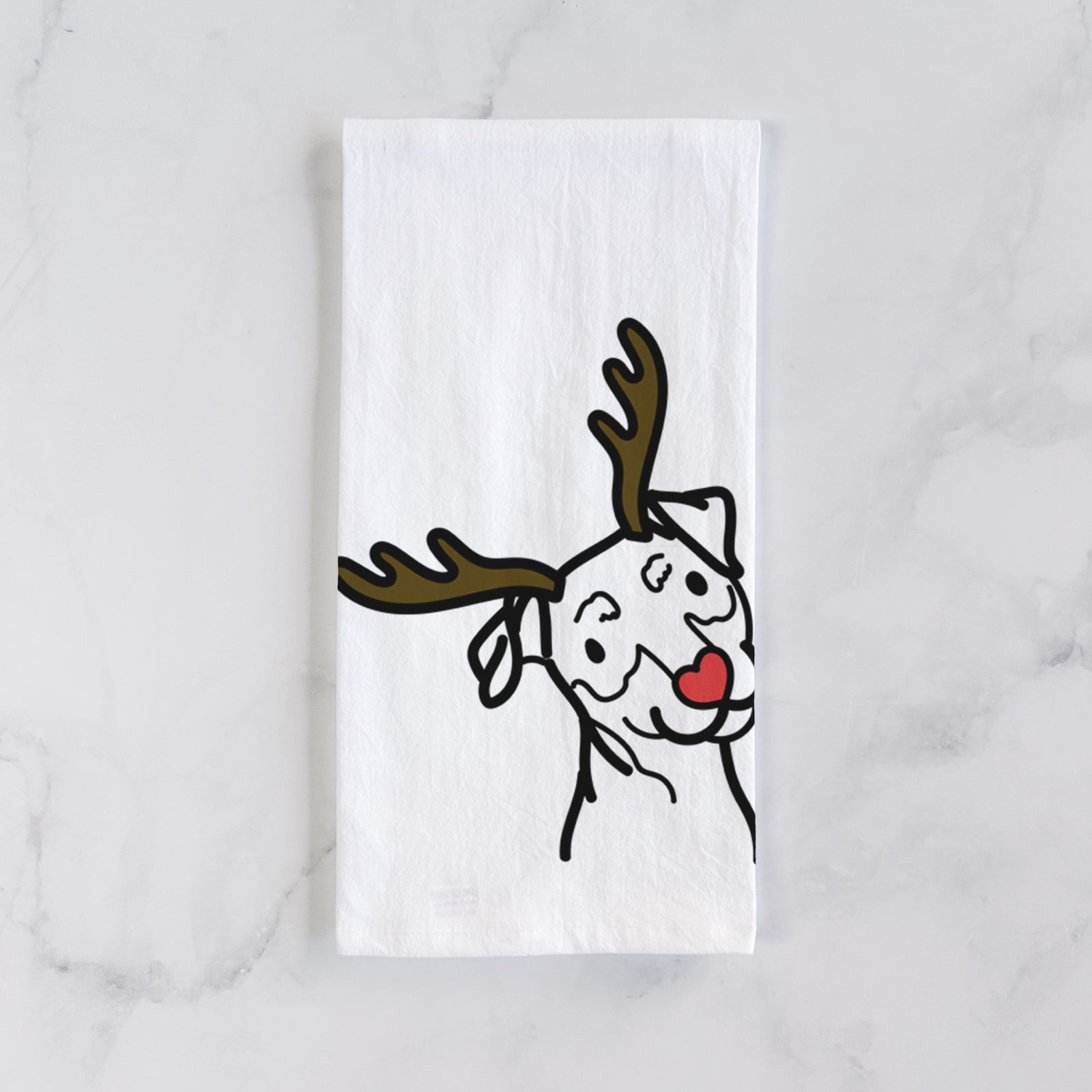 Minimalist line drawing of a Mini Pinscher with reindeer antlers and a red nose on a tea towel