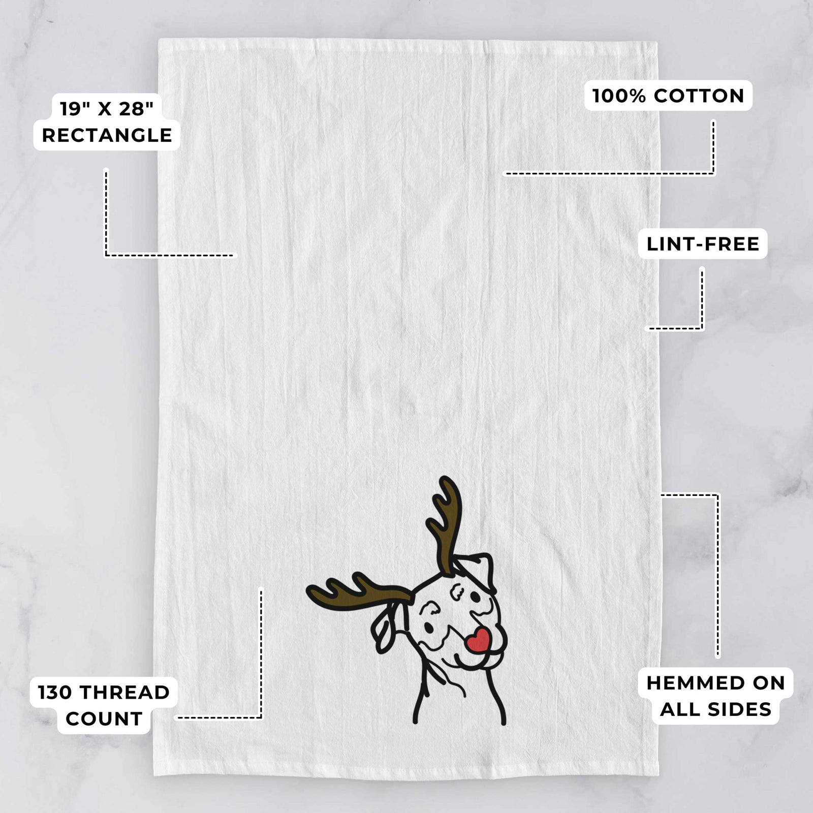 Minimalist line drawing of a Mini Pinscher with reindeer antlers and a red nose on a tea towel, with feature callouts: 19 x 28 inch rectangle, 100% cotton, lint-free, 120 thread count, hemmed on all sides