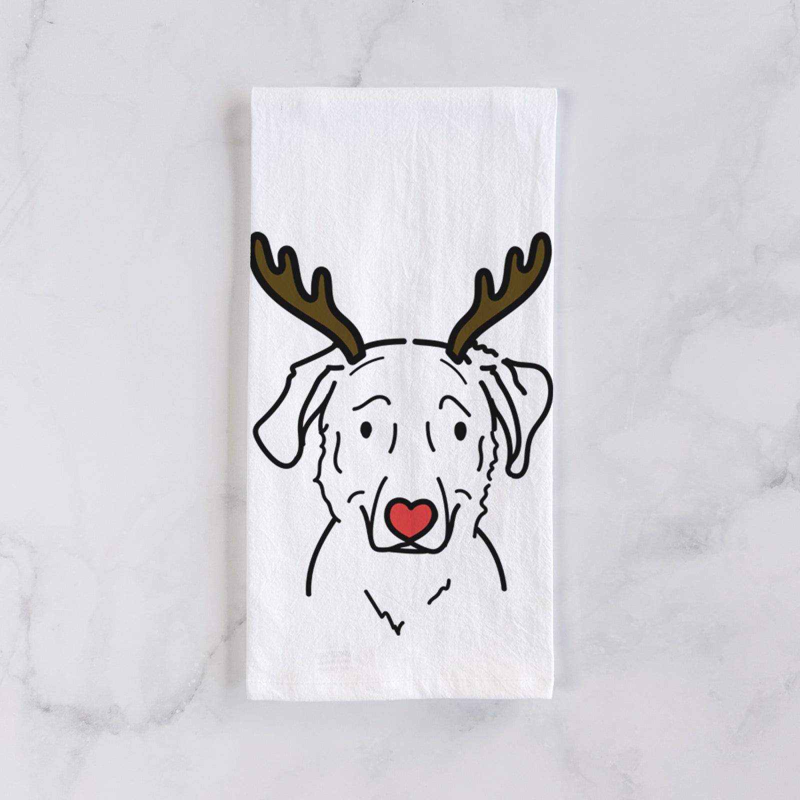 Minimalist line drawing of Mitzi the Golden Retriever Mix with reindeer antlers and a red nose on a tea towel