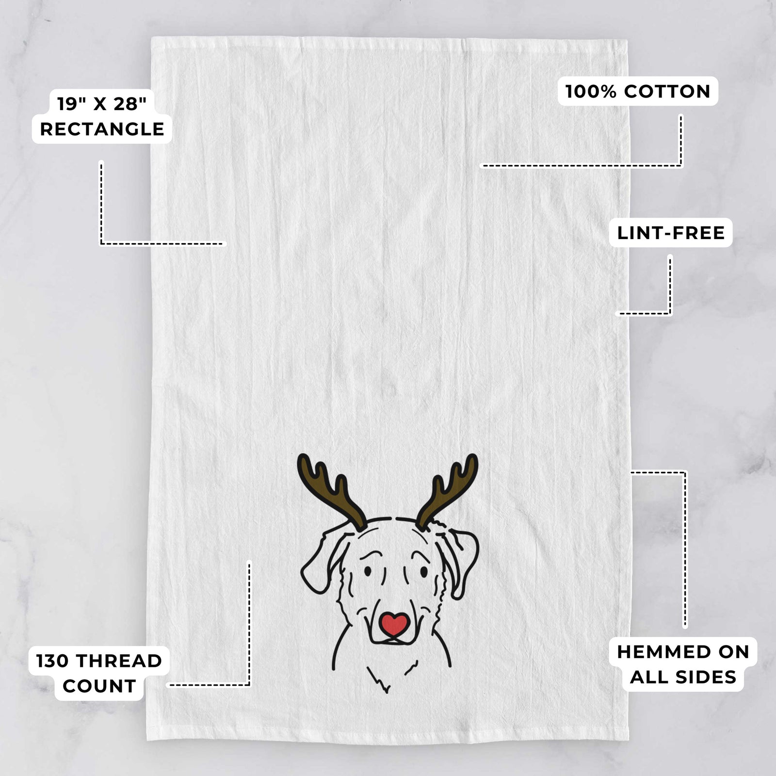 Minimalist line drawing of Mitzi the Golden Retriever Mix with reindeer antlers and a red nose on a tea towel, with feature callouts: 19 x 28 inch rectangle, 100% cotton, lint-free, 120 thread count, hemmed on all sides