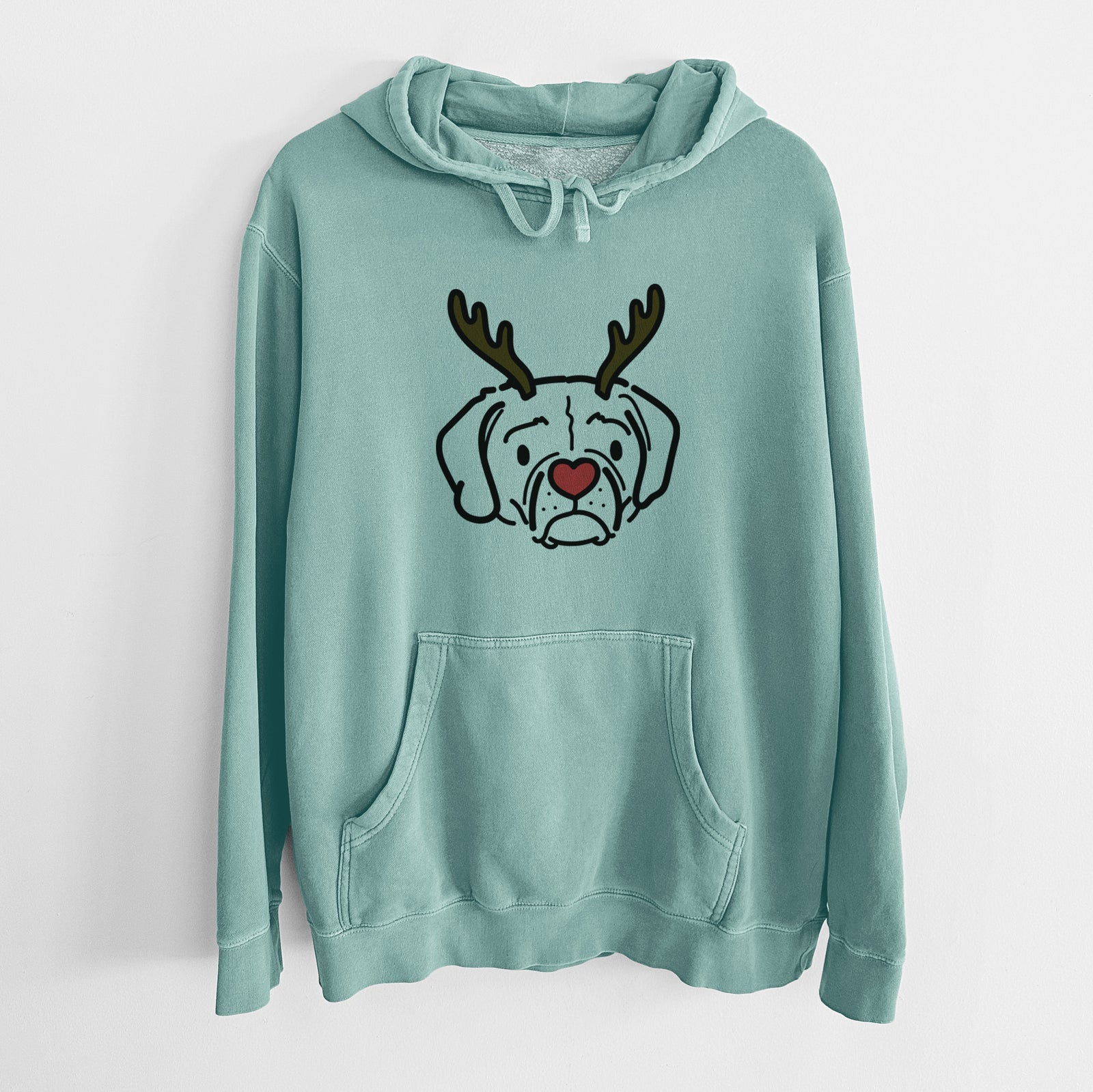 Minimalist line drawing of Mitzi the Puggle with reindeer antlers and a red nose on a Mint Unisex pigment dyed hoodie