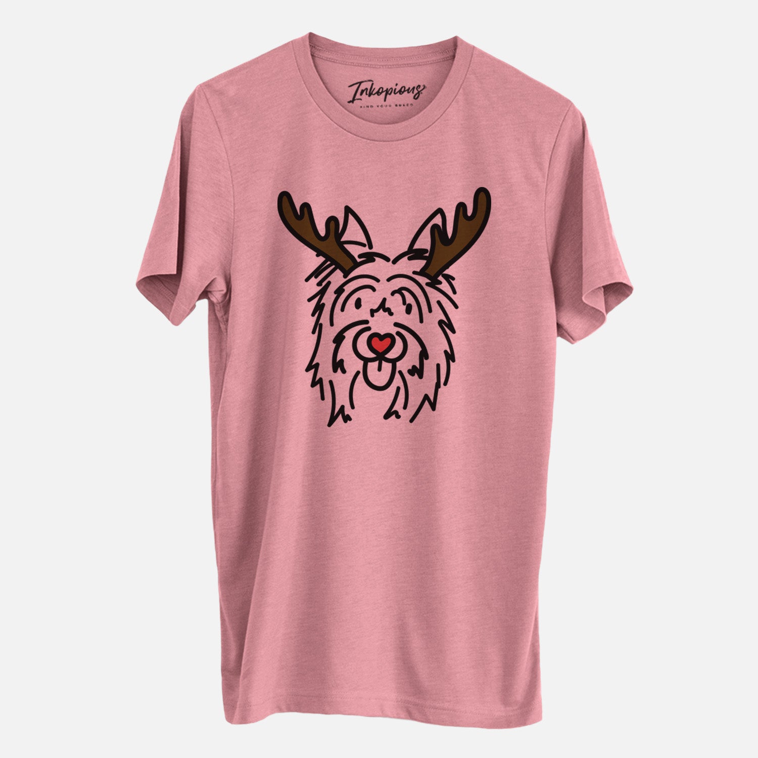 Minimalist line drawing of Monty the Silky Terrier with reindeer antlers and a red nose on a Mauve Unisex crewneck, worn by a man