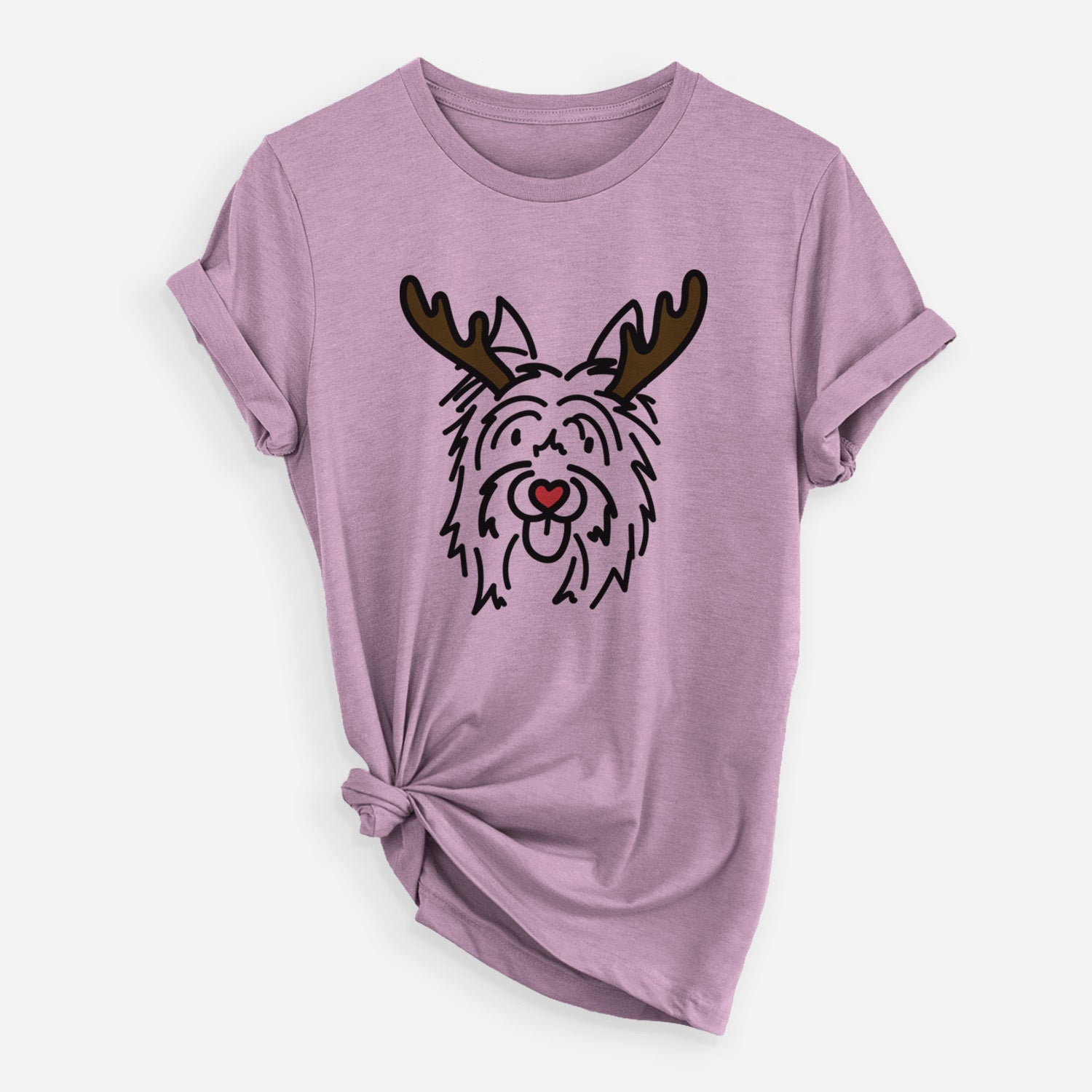 Minimalist line drawing of Monty the Silky Terrier with reindeer antlers and a red nose on an Orchid Unisex crewneck, worn by a woman