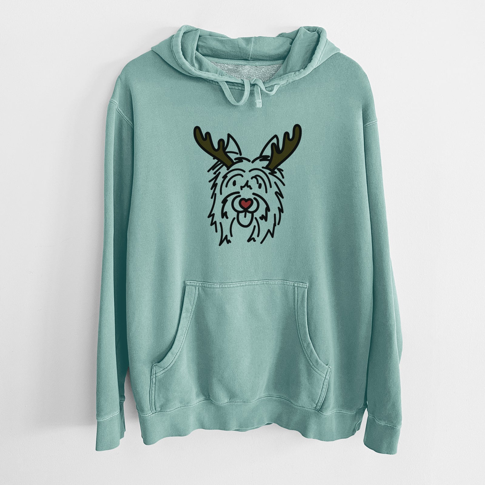 Minimalist line drawing of Monty the Silky Terrier with reindeer antlers and a red nose on a Mint Unisex pigment dyed hoodie