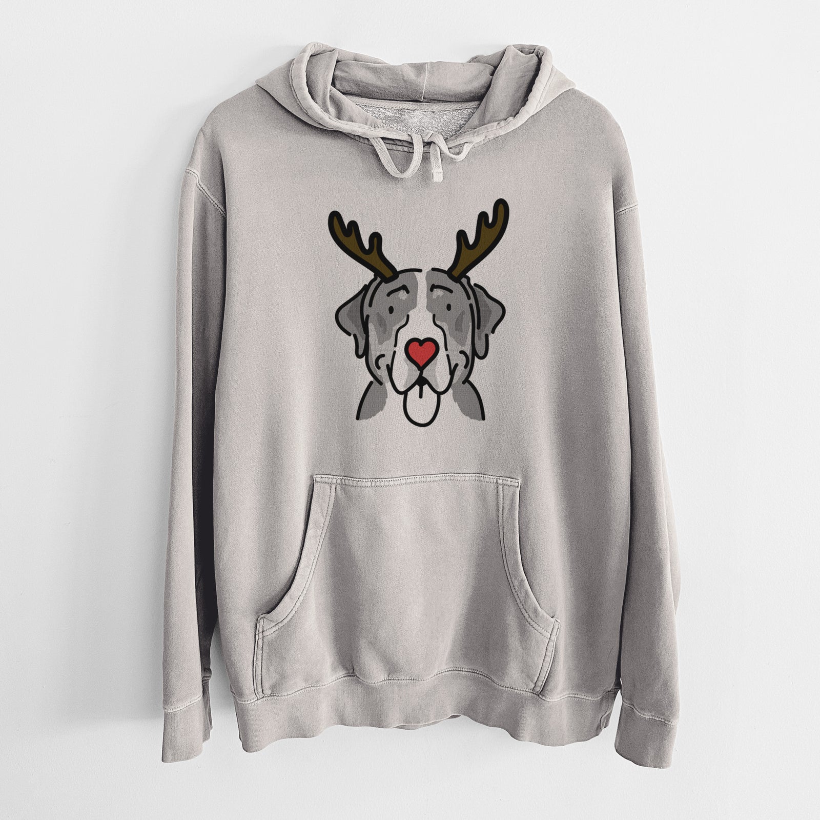 Minimalist line drawing of Moose the Greater Swiss Mountain Dog with reindeer antlers and a red nose on a Cement Unisex pigment dyed hoodie