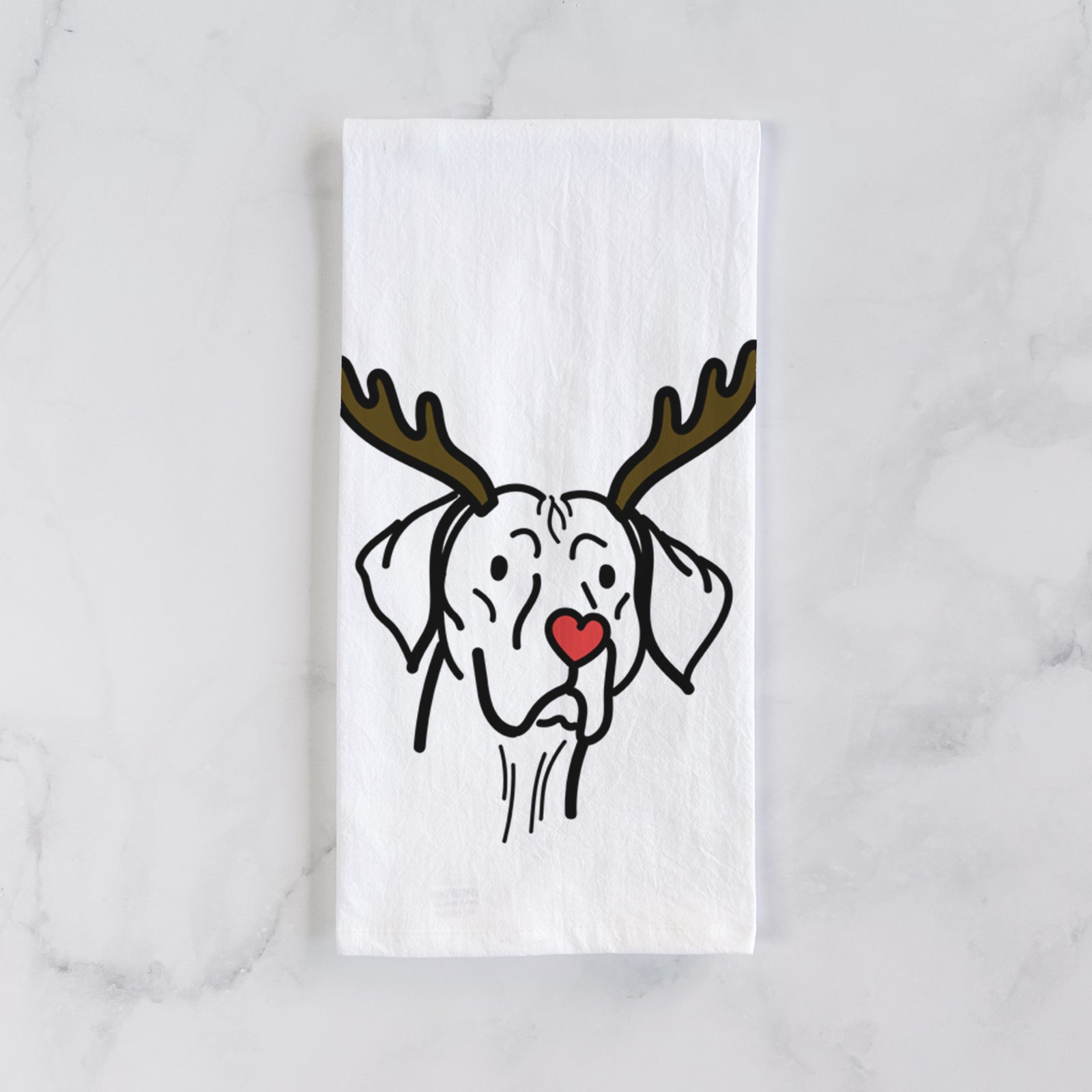 Minimalist line drawing of Moose the Vizsla with reindeer antlers and a red nose on a tea towel