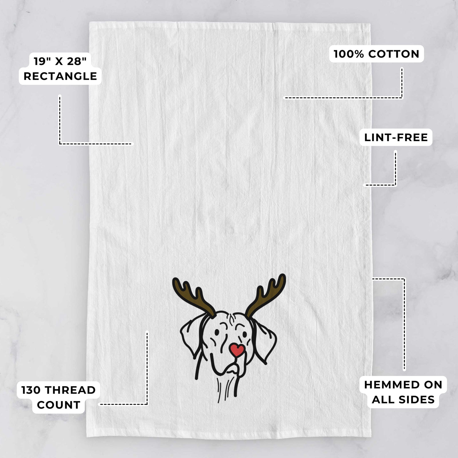 Minimalist line drawing of Moose the Vizsla with reindeer antlers and a red nose on a tea towel, with feature callouts: 19 x 28 inch rectangle, 100% cotton, lint-free, 120 thread count, hemmed on all sides