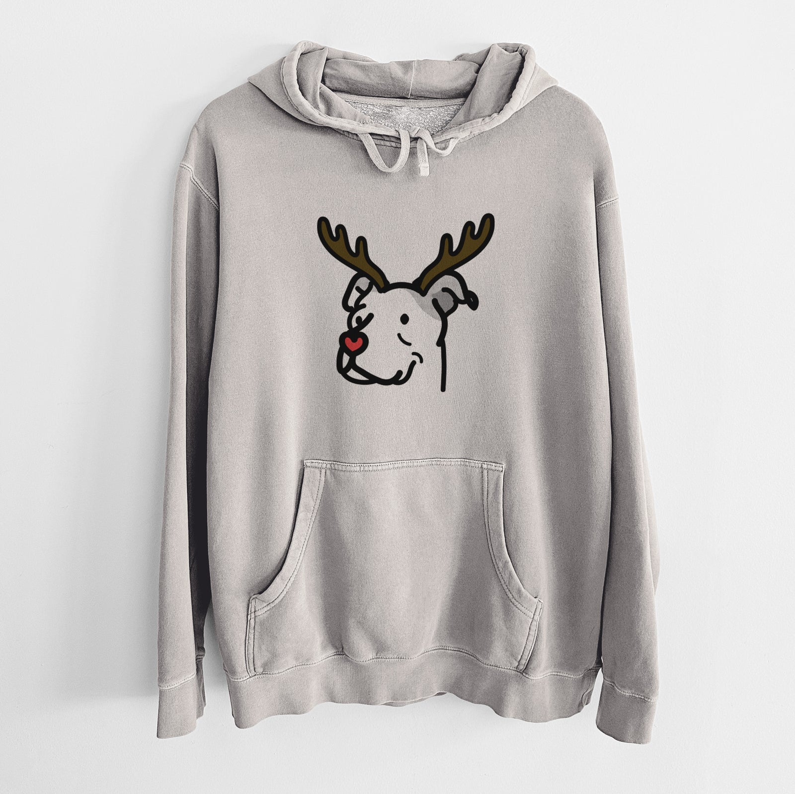 Minimalist line drawing of Mr. Sir the Pitbull Mix with reindeer antlers and a red nose on a Cement Unisex pigment dyed hoodie