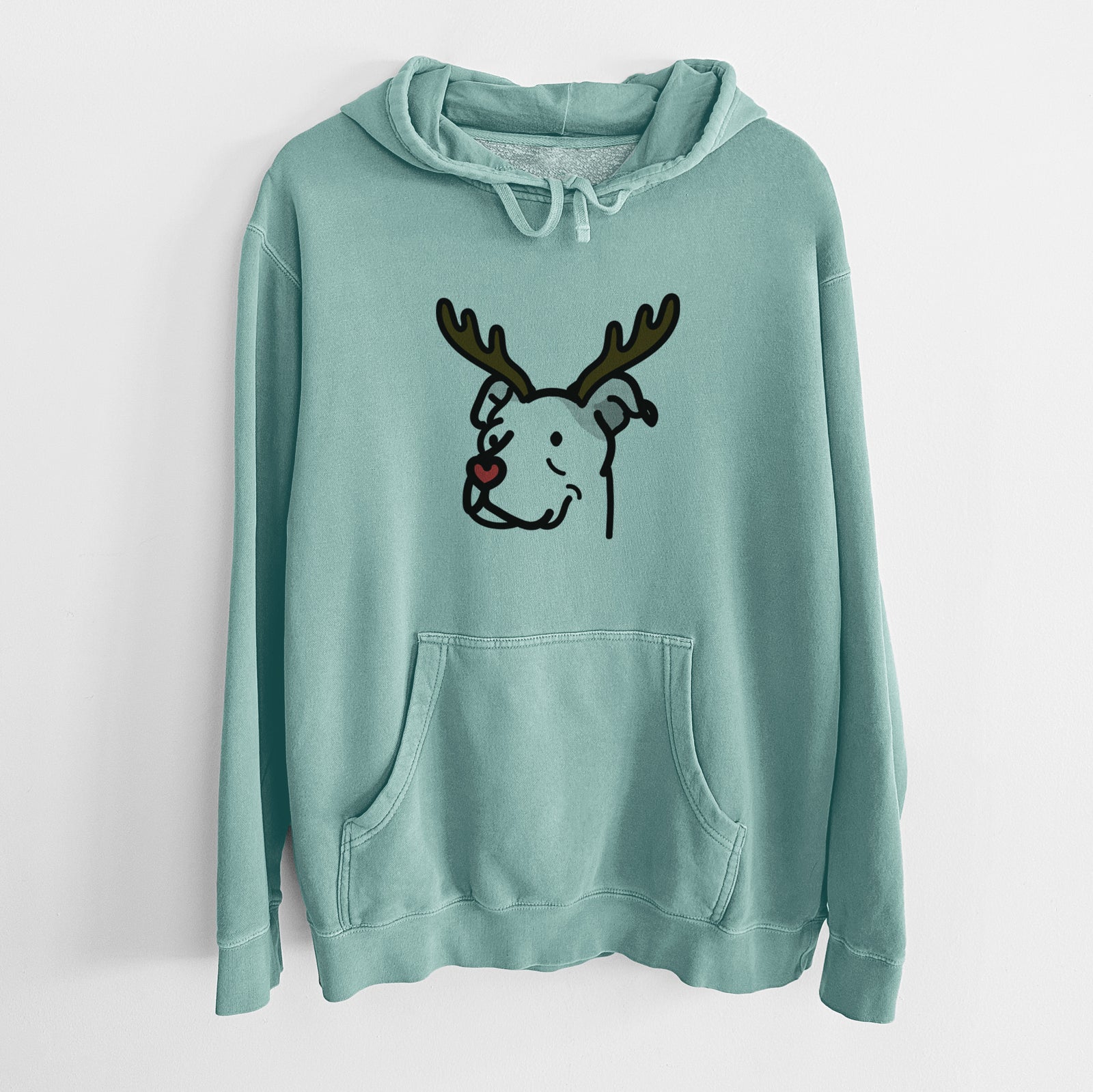 Minimalist line drawing of Mr. Sir the Pitbull Mix with reindeer antlers and a red nose on a Mint Unisex pigment dyed hoodie