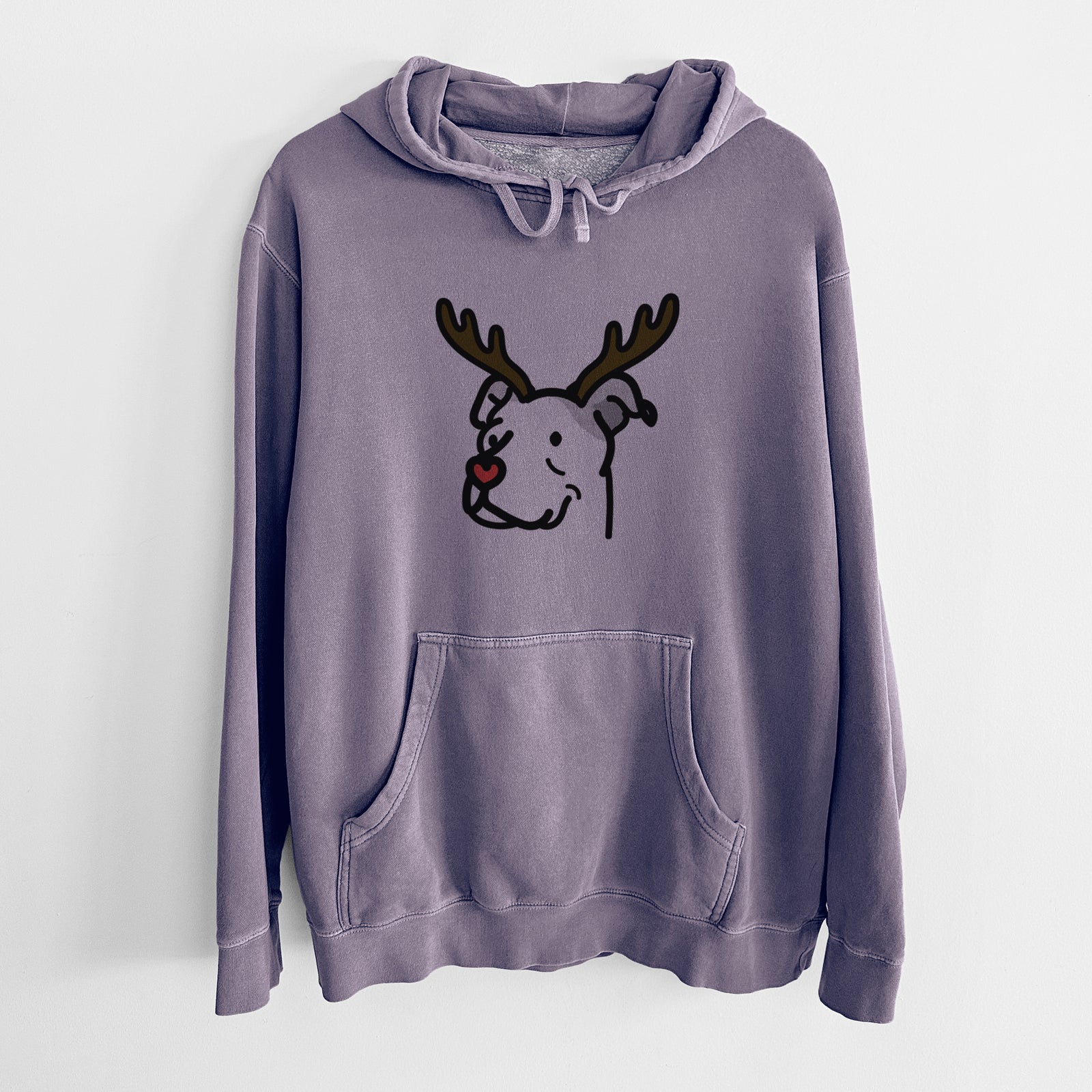 Minimalist line drawing of Mr. Sir the Pitbull Mix with reindeer antlers and a red nose on a Plum Unisex pigment dyed hoodie