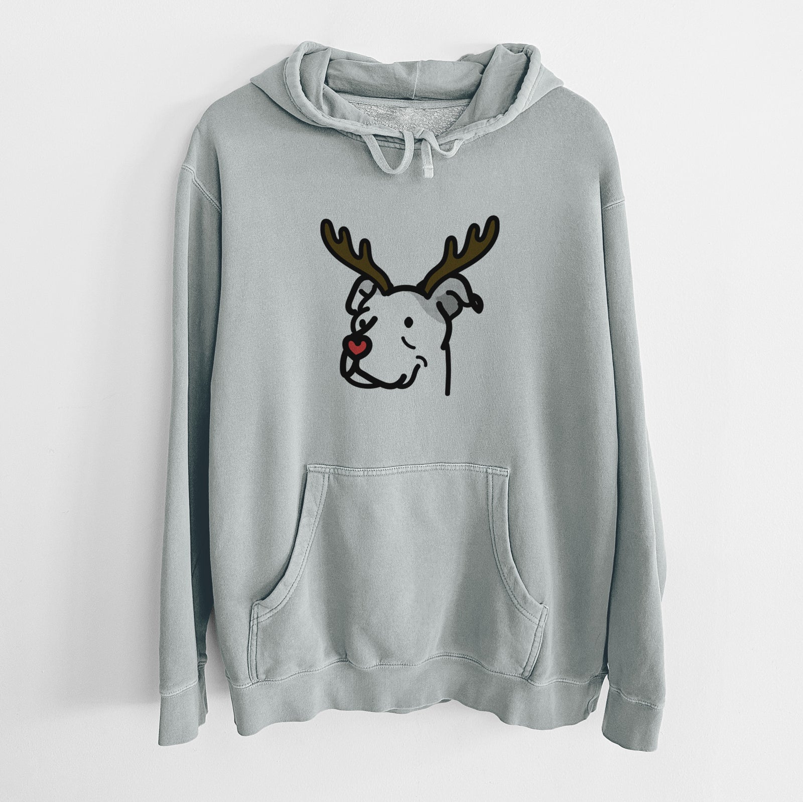 Minimalist line drawing of Mr. Sir the Pitbull Mix with reindeer antlers and a red nose on a Sage Unisex pigment dyed hoodie