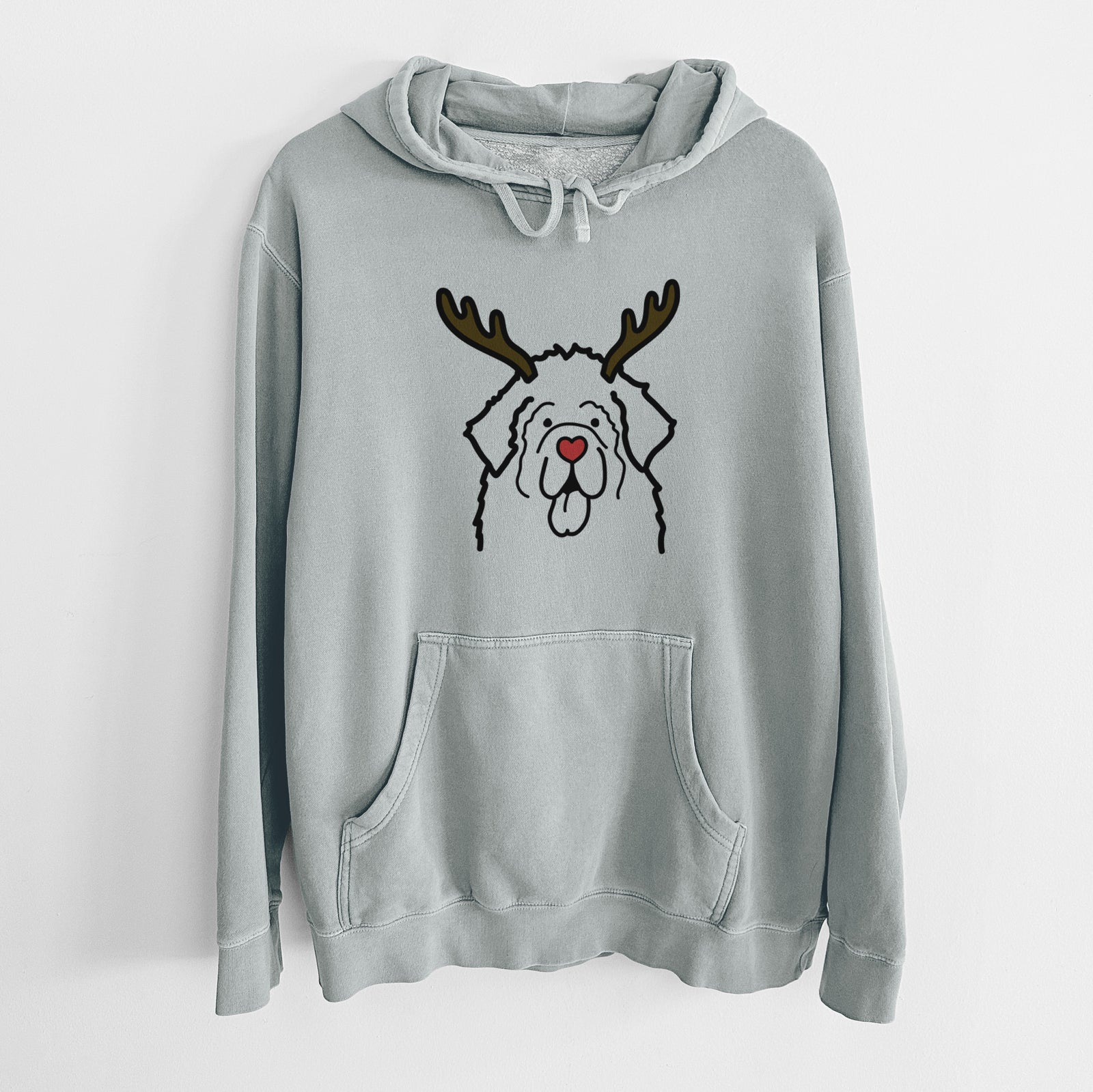 Minimalist line drawing of a Newfoundland with reindeer antlers and a red nose on a Sage Unisex pigment dyed hoodie