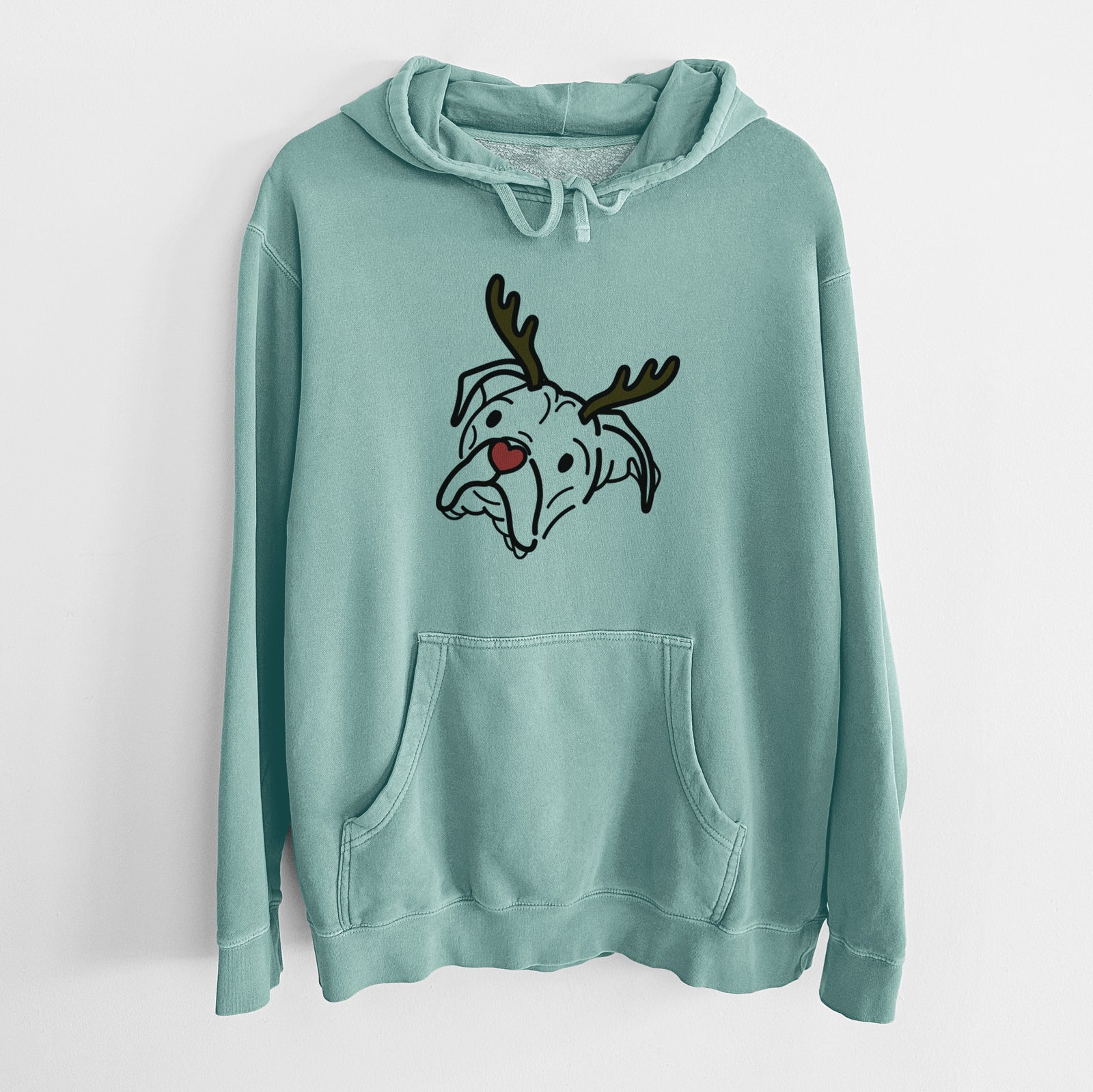 Minimalist line drawing of Noodle the Boxer with reindeer antlers and a red nose on a Mint Unisex pigment dyed hoodie