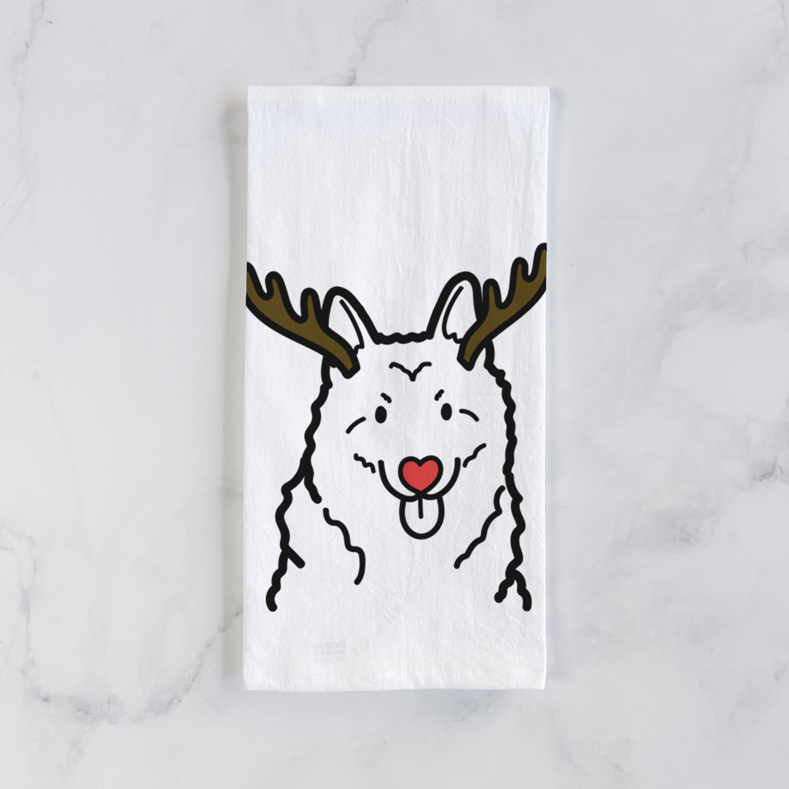 Minimalist line drawing of a Norwegian Elkhound with reindeer antlers and a red nose on a tea towel