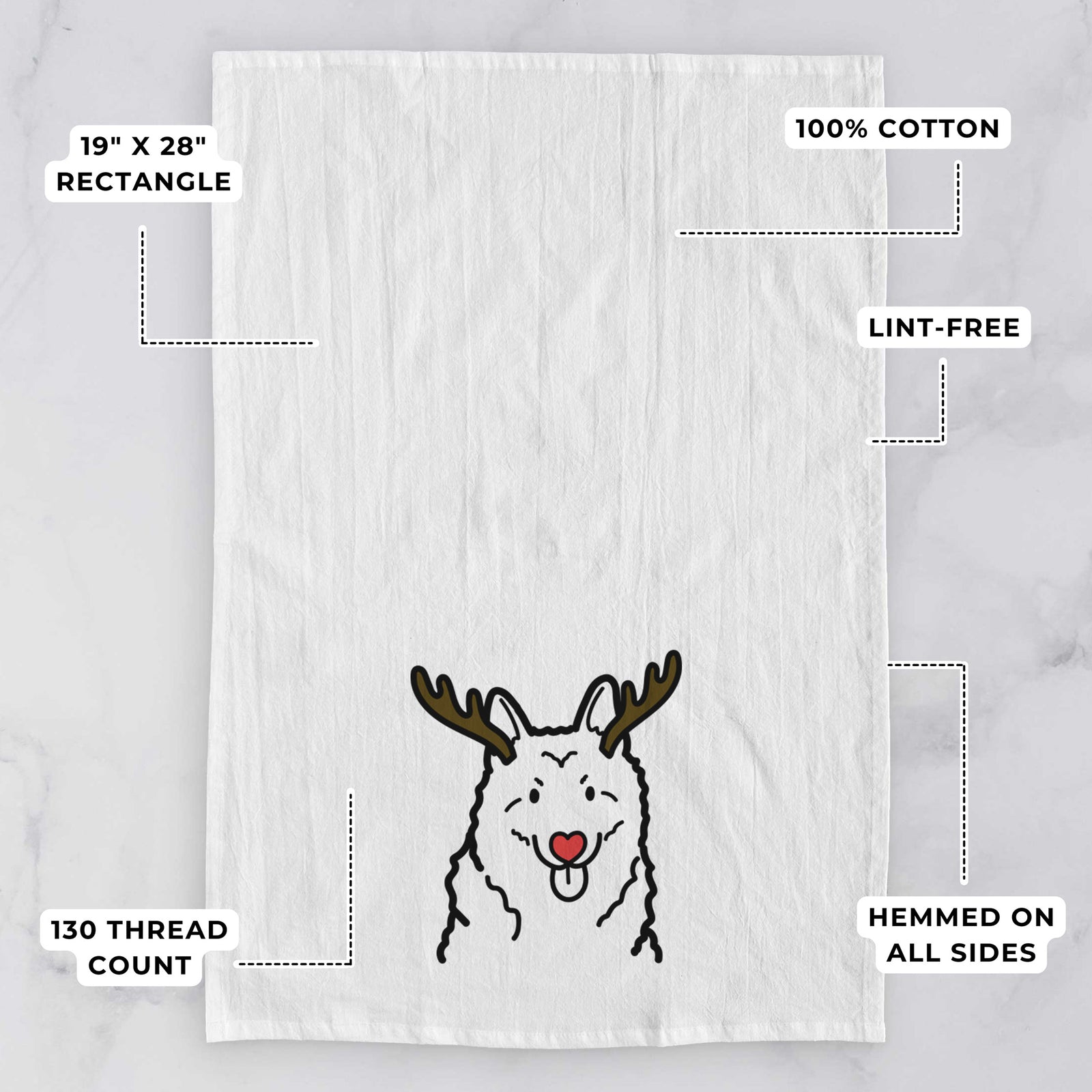 Minimalist line drawing of a Norwegian Elkhound with reindeer antlers and a red nose on a tea towel, with feature callouts: 19 x 28 inch rectangle, 100% cotton, lint-free, 120 thread count, hemmed on all sides