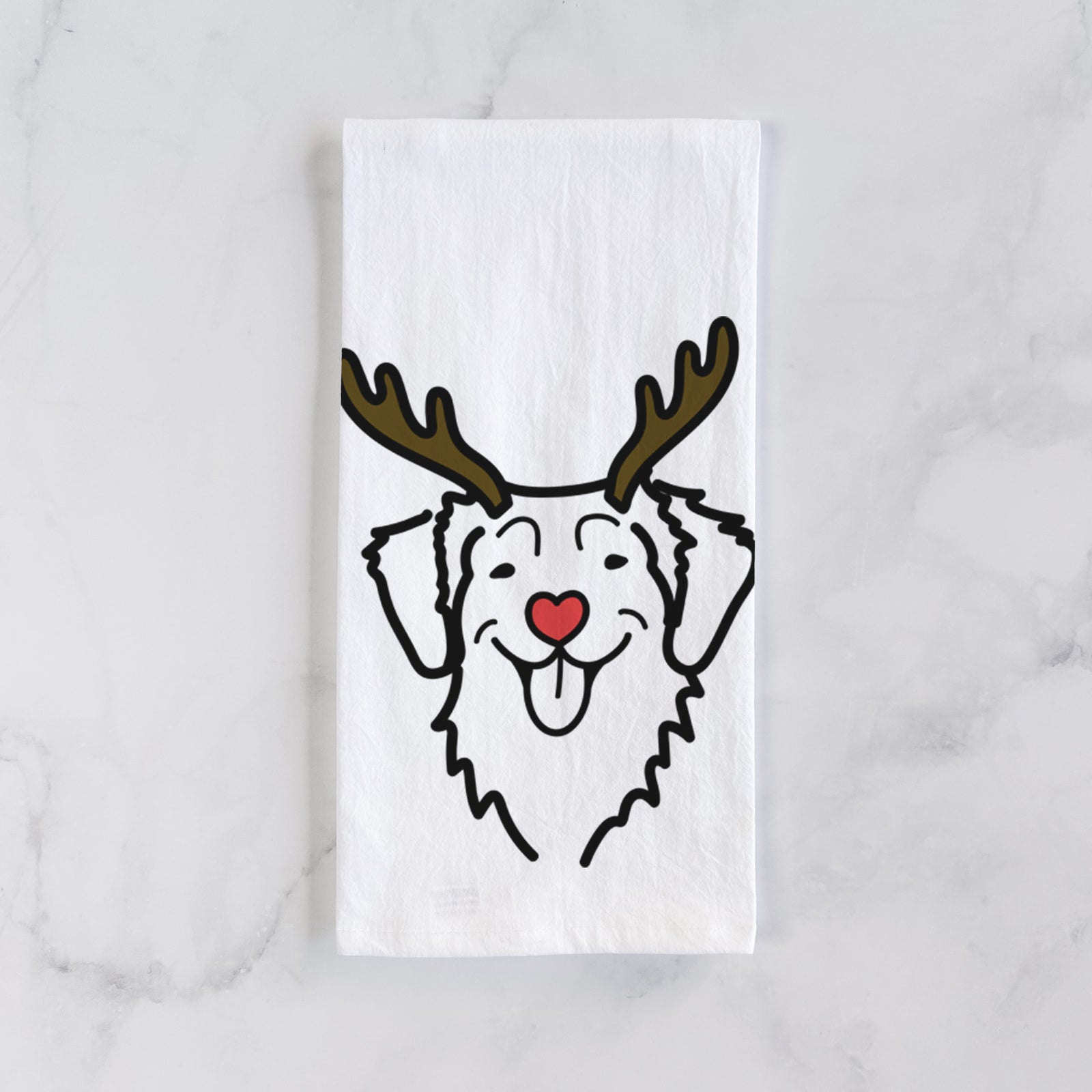 Minimalist line drawing of a Nova Scotia Duck Tolling Retriever with reindeer antlers and a red nose on a tea towel