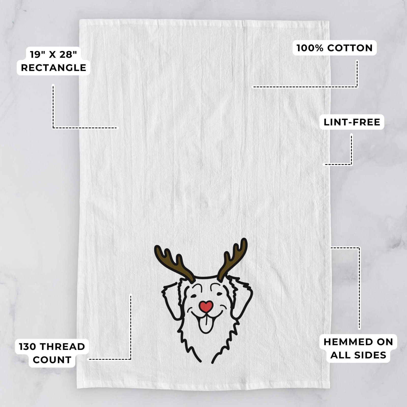 Minimalist line drawing of a Nova Scotia Duck Tolling Retriever with reindeer antlers and a red nose on a tea towel, with feature callouts: 19 x 28 inch rectangle, 100% cotton, lint-free, 120 thread count, hemmed on all sides