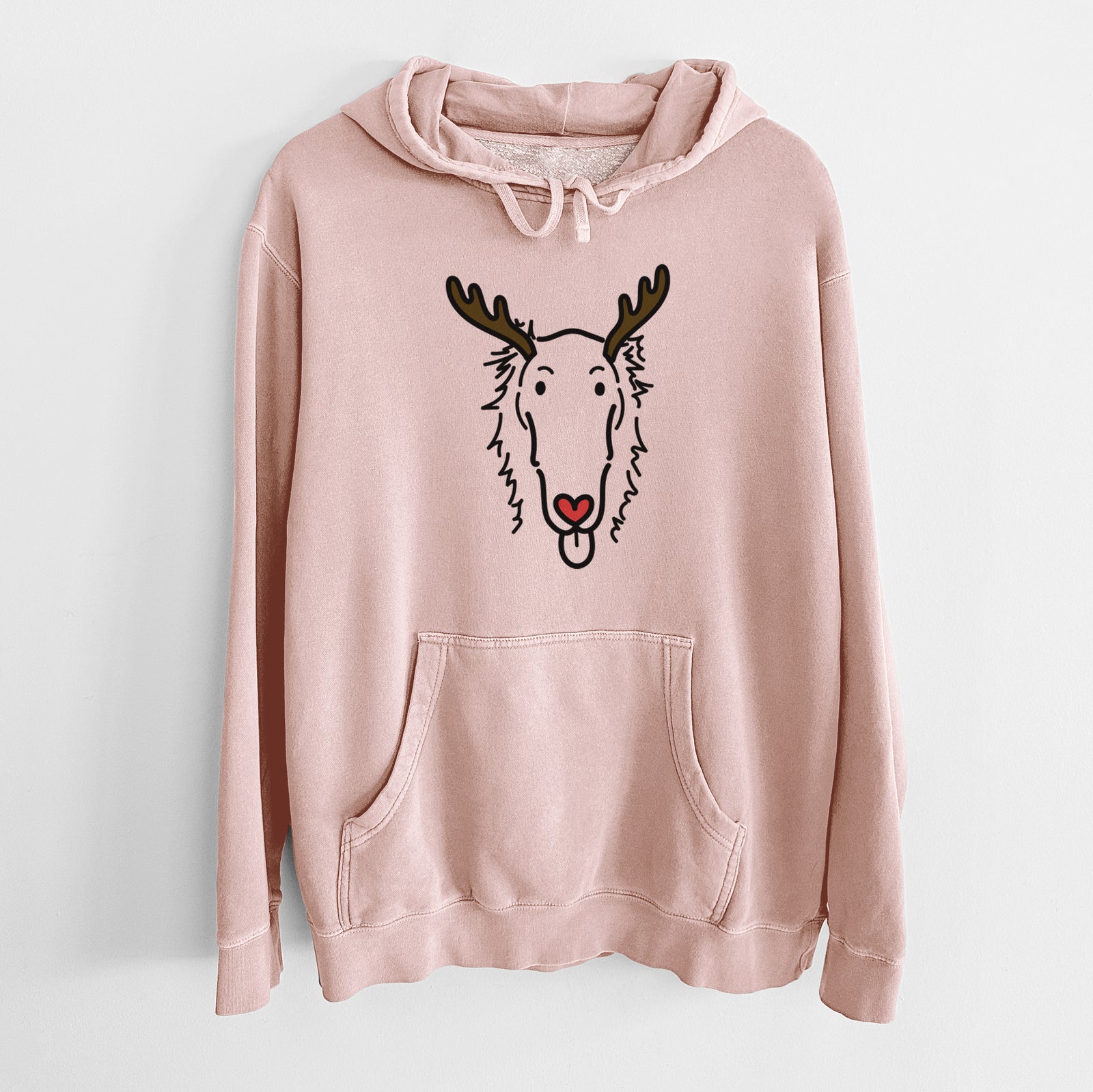 Minimalist line drawing of Opal the Borzoi with reindeer antlers and a red nose on a Dusty Pink Unisex pigment dyed hoodie