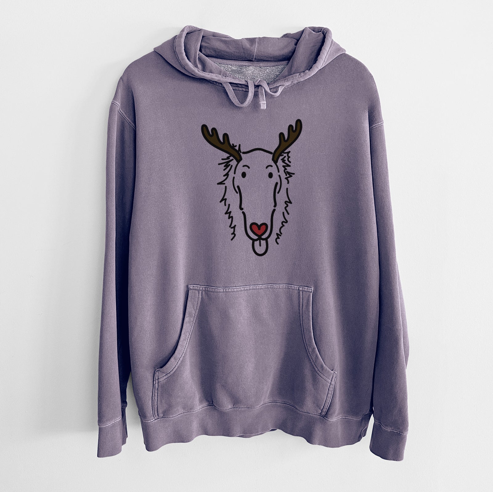 Minimalist line drawing of Opal the Borzoi with reindeer antlers and a red nose on a Plum Unisex pigment dyed hoodie