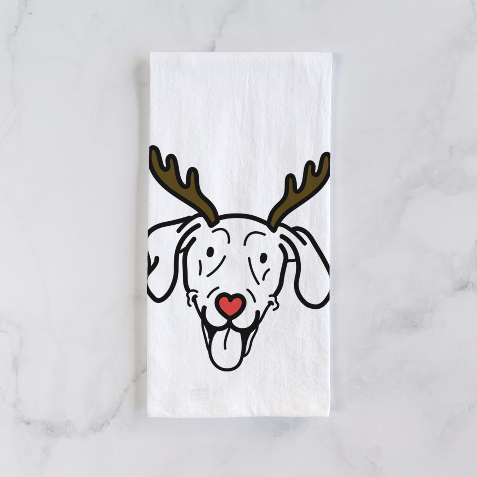 Minimalist line drawing of Paco Lobo the Weimaraner with reindeer antlers and a red nose on a tea towel