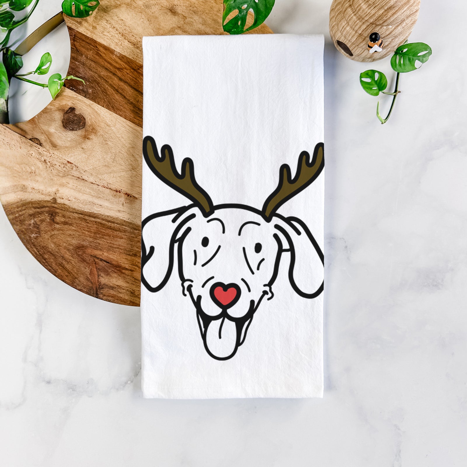 Minimalist line drawing of Paco Lobo the Weimaraner with reindeer antlers and a red nose on a tea towel