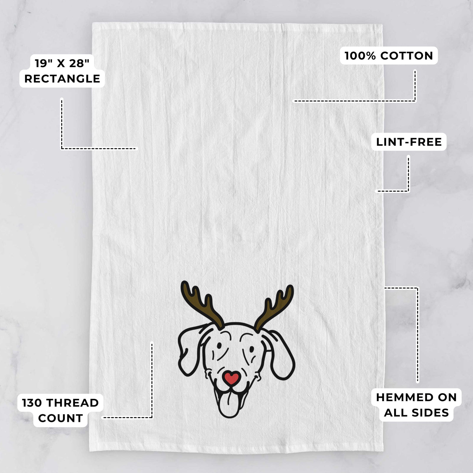 Minimalist line drawing of Paco Lobo the Weimaraner with reindeer antlers and a red nose on a tea towel, with feature callouts: 19 x 28 inch rectangle, 100% cotton, lint-free, 120 thread count, hemmed on all sides