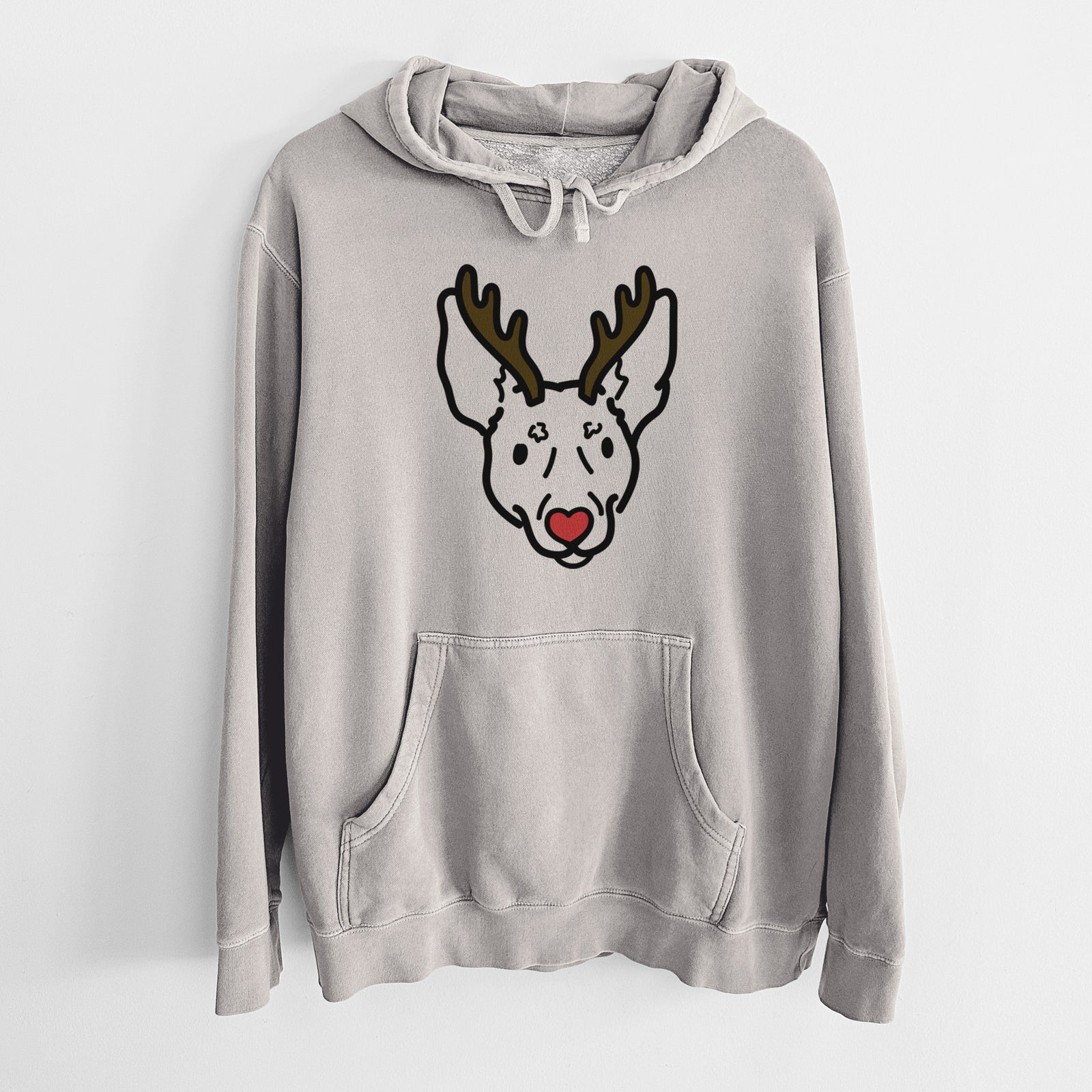 Minimalist line drawing of Penny the Rat Terrier with reindeer antlers and a red nose on a Cement Unisex pigment dyed hoodie