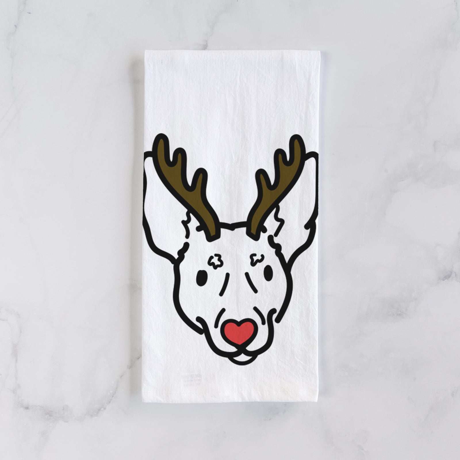 Minimalist line drawing of Penny the Rat Terrier with reindeer antlers and a red nose on a tea towel