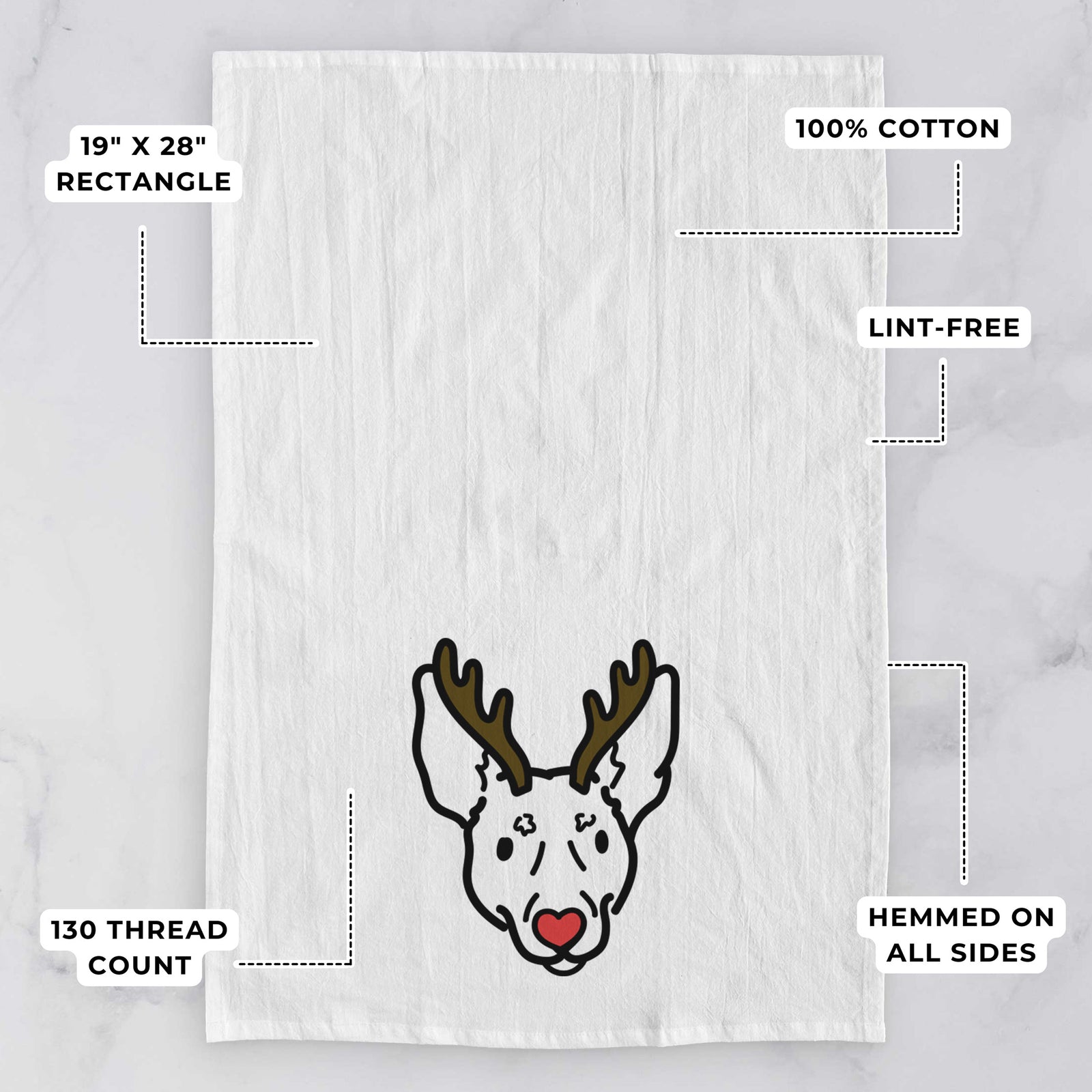Minimalist line drawing of Penny the Rat Terrier with reindeer antlers and a red nose on a tea towel, with feature callouts: 19 x 28 inch rectangle, 100% cotton, lint-free, 120 thread count, hemmed on all sides