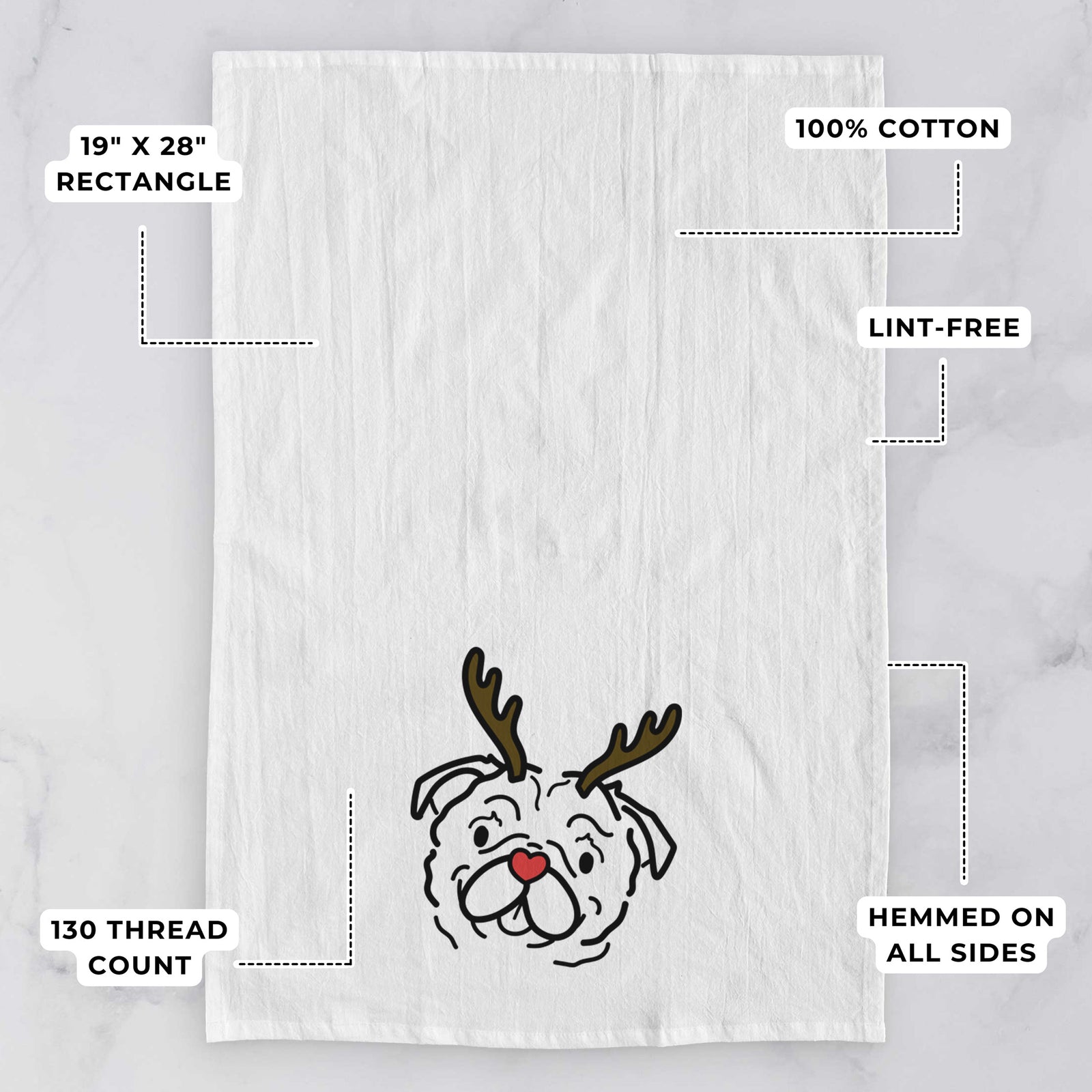 Minimalist line drawing of Pip the Pug with reindeer antlers and a red nose on a tea towel, with feature callouts: 19 x 28 inch rectangle, 100% cotton, lint-free, 120 thread count, hemmed on all sides