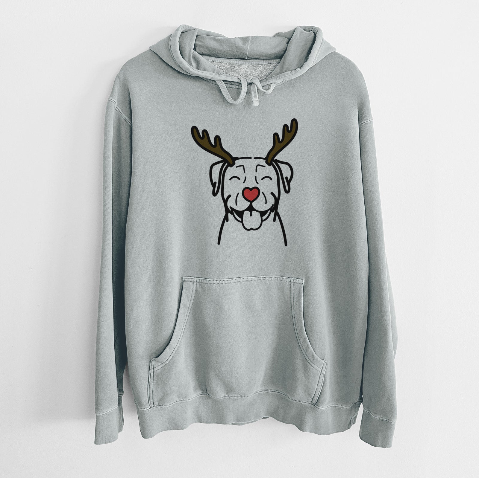 Minimalist line drawing of a Pitbull with reindeer antlers and a red nose on a Sage Unisex pigment dyed hoodie