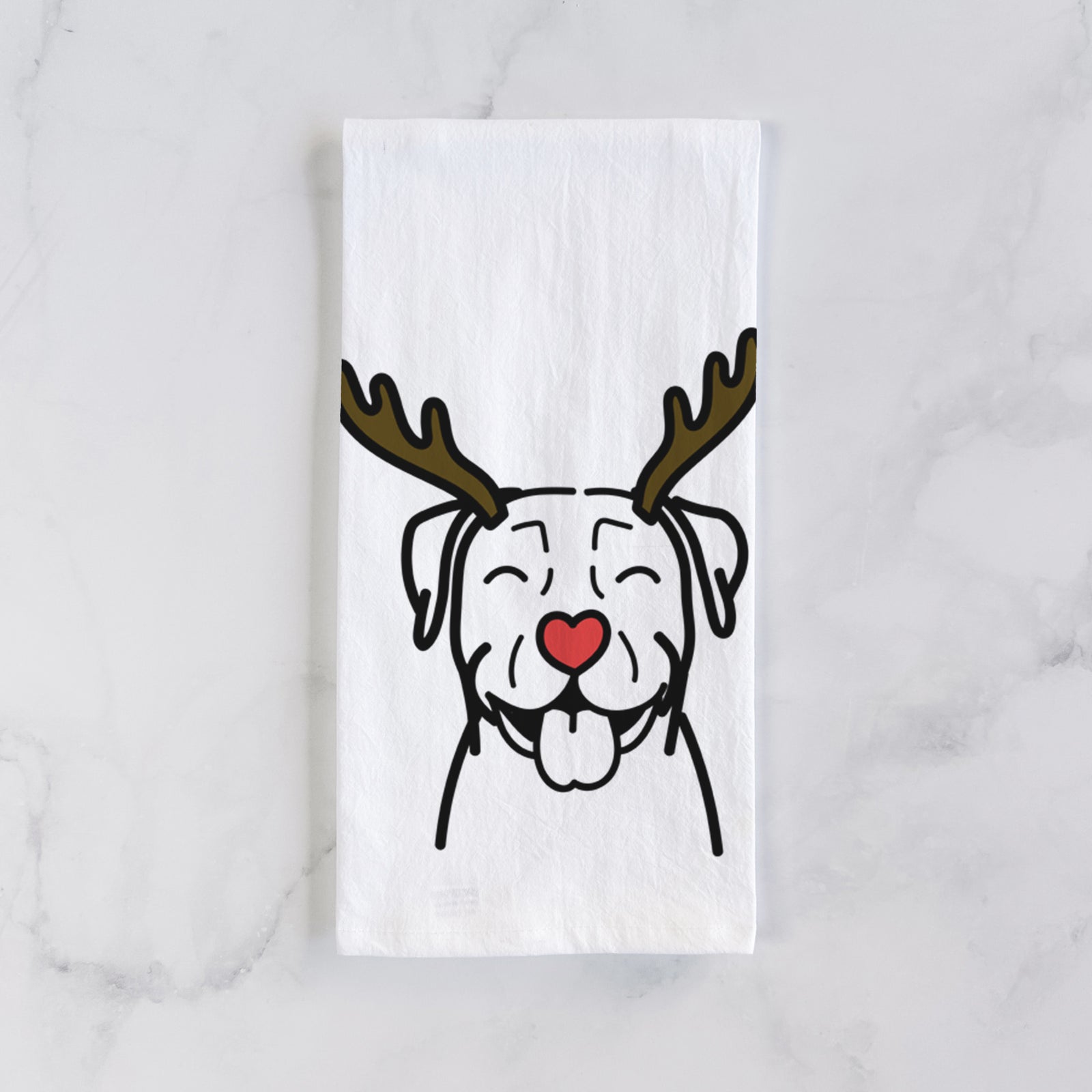 Minimalist line drawing of a Pitbull with reindeer antlers and a red nose on a tea towel