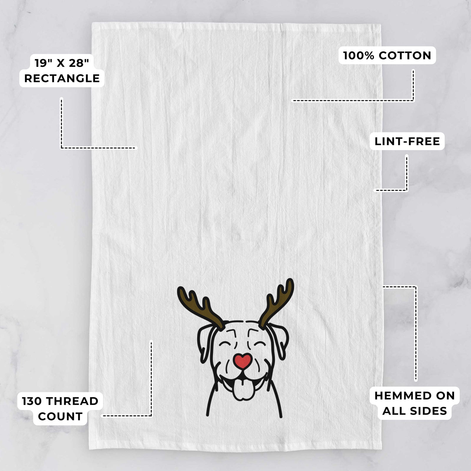 Minimalist line drawing of a Pitbull with reindeer antlers and a red nose on a tea towel, with feature callouts: 19 x 28 inch rectangle, 100% cotton, lint-free, 120 thread count, hemmed on all sides