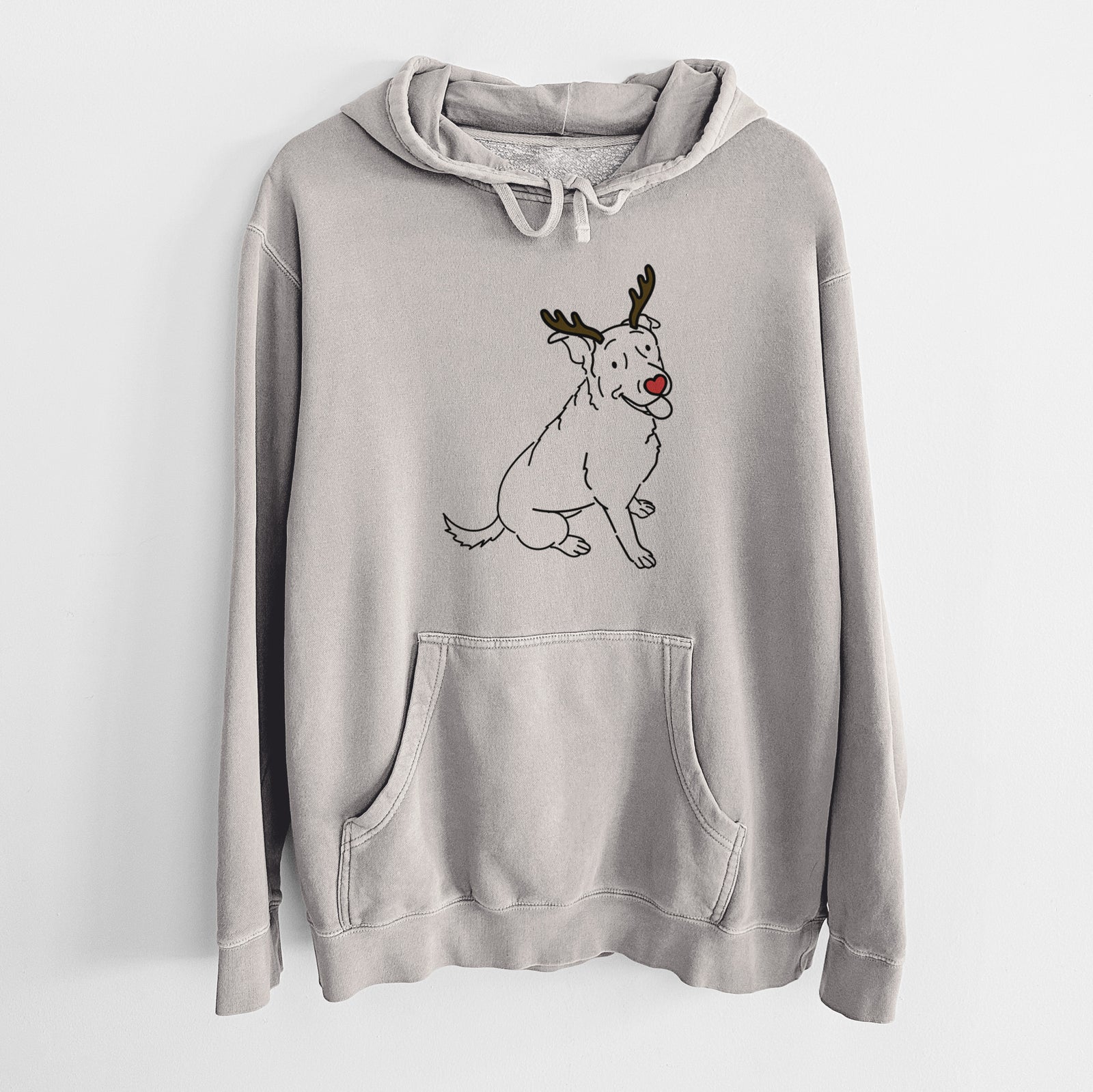 Minimalist line drawing of Rocky the Rottweiler Mix with reindeer antlers and a red nose on a Cement Unisex pigment dyed hoodie