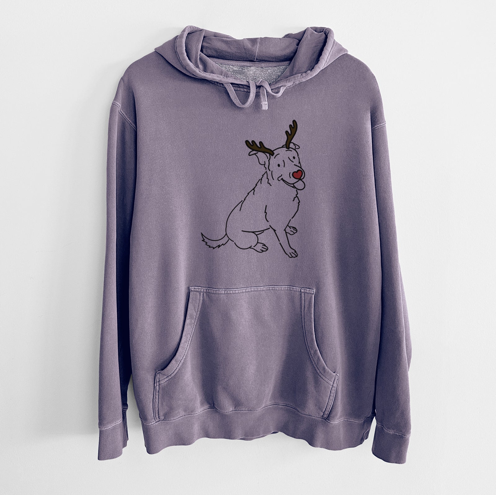 Minimalist line drawing of Rocky the Rottweiler Mix with reindeer antlers and a red nose on a Plum Unisex pigment dyed hoodie