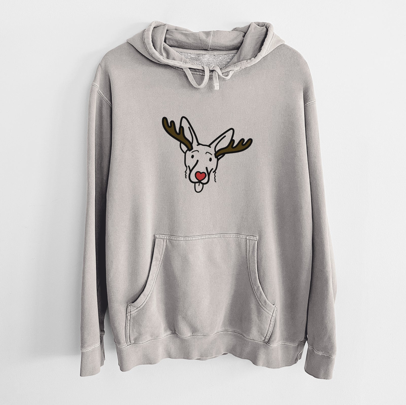Minimalist line drawing of Rosie the Shepherd Mix with reindeer antlers and a red nose on a Cement Unisex pigment dyed hoodie
