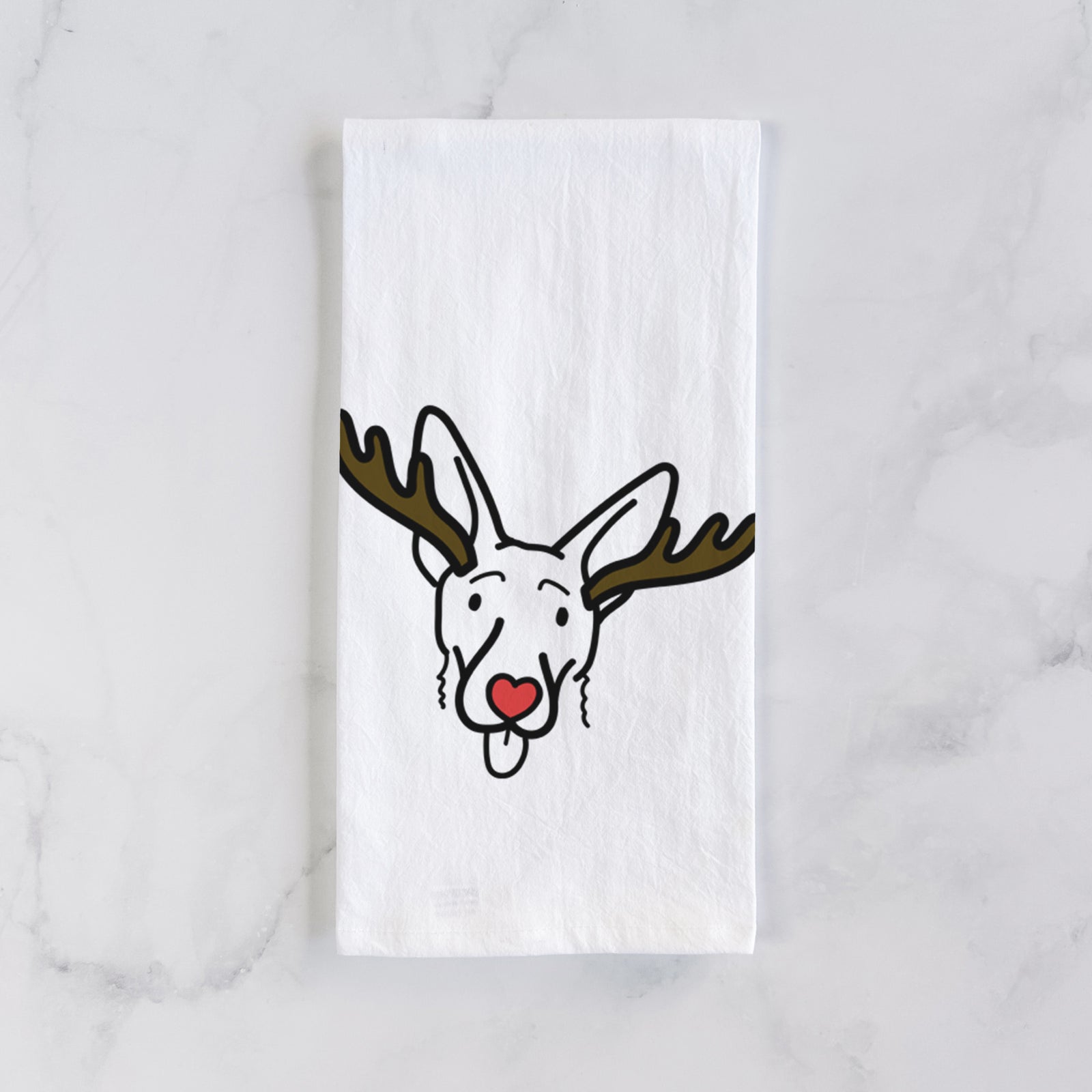 Minimalist line drawing of Rosie the Shepherd Mix with reindeer antlers and a red nose on a tea towel