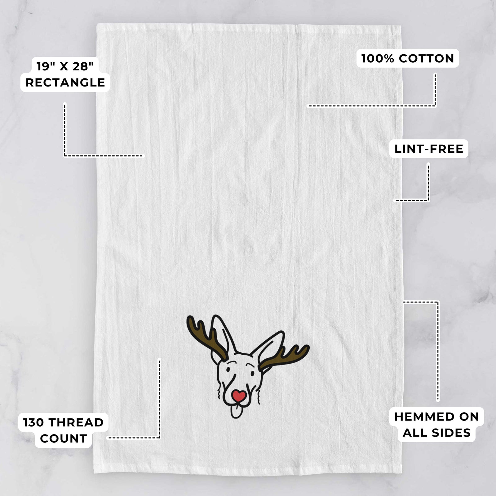 Minimalist line drawing of Rosie the Shepherd Mix with reindeer antlers and a red nose on a tea towel, with feature callouts: 19 x 28 inch rectangle, 100% cotton, lint-free, 120 thread count, hemmed on all sides