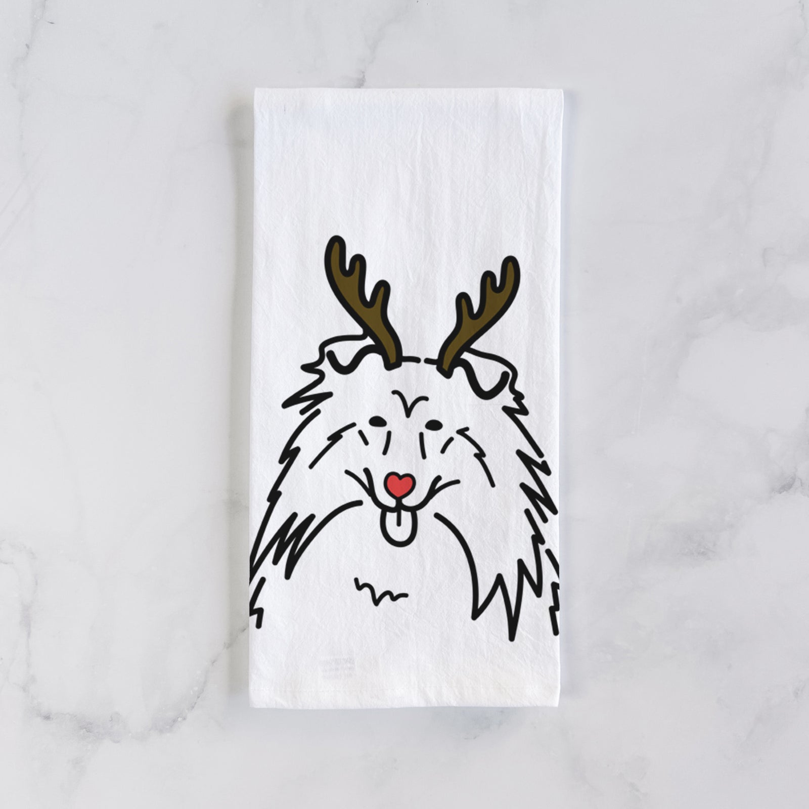 Minimalist line drawing of a Rough Collie with reindeer antlers and a red nose on a tea towel