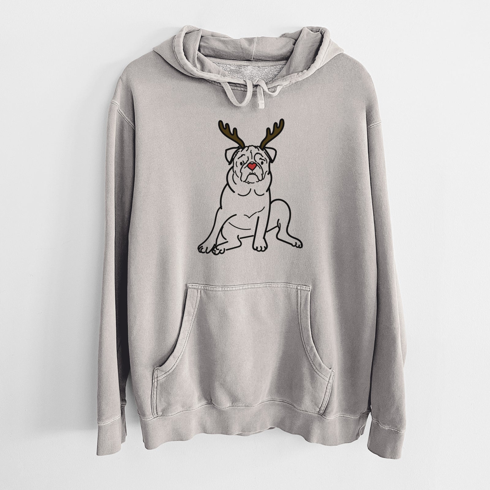 Minimalist line drawing of Rudy the Pug with reindeer antlers and a red nose on a Cement Unisex pigment dyed hoodie