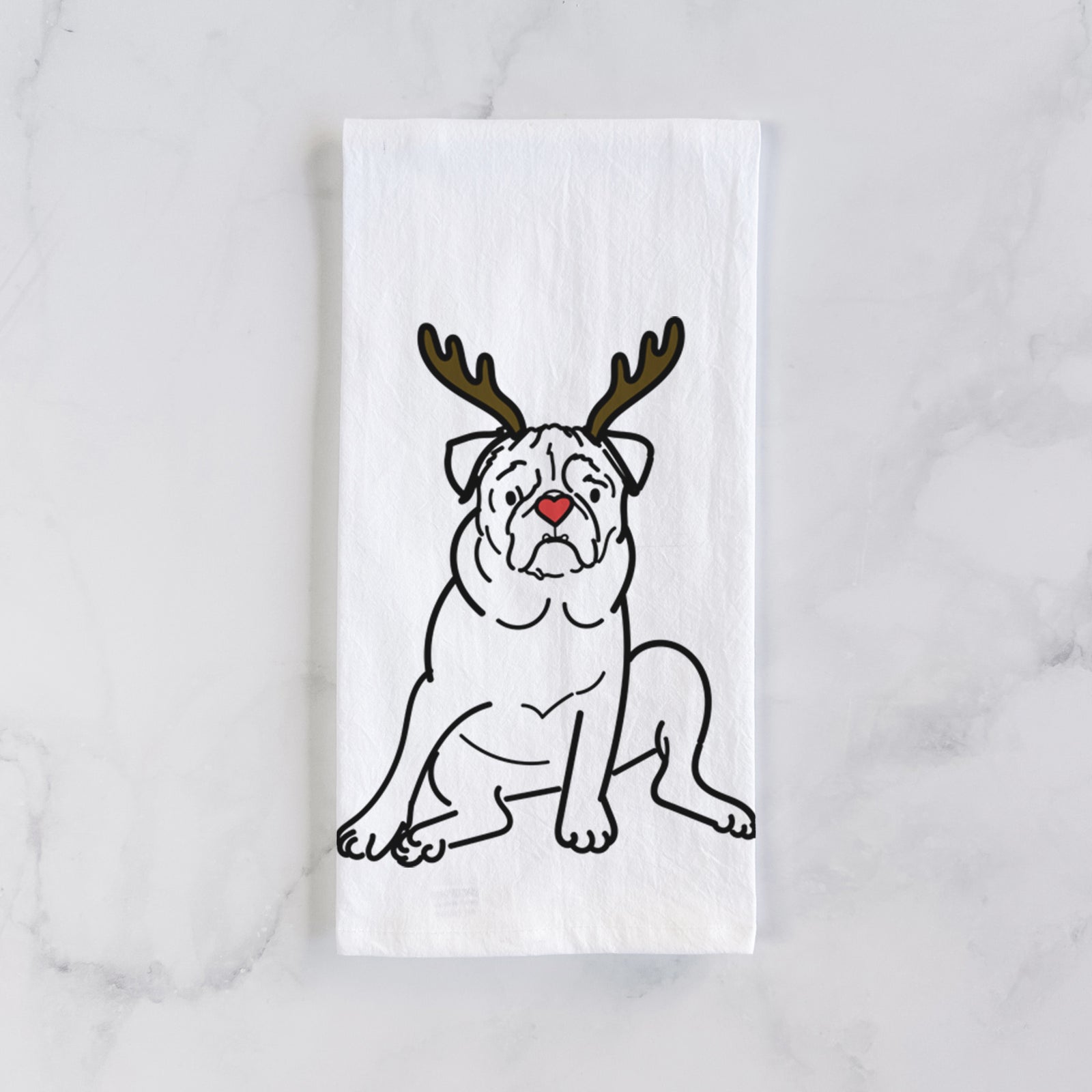Minimalist line drawing of Rudy the Pug with reindeer antlers and a red nose on a tea towel