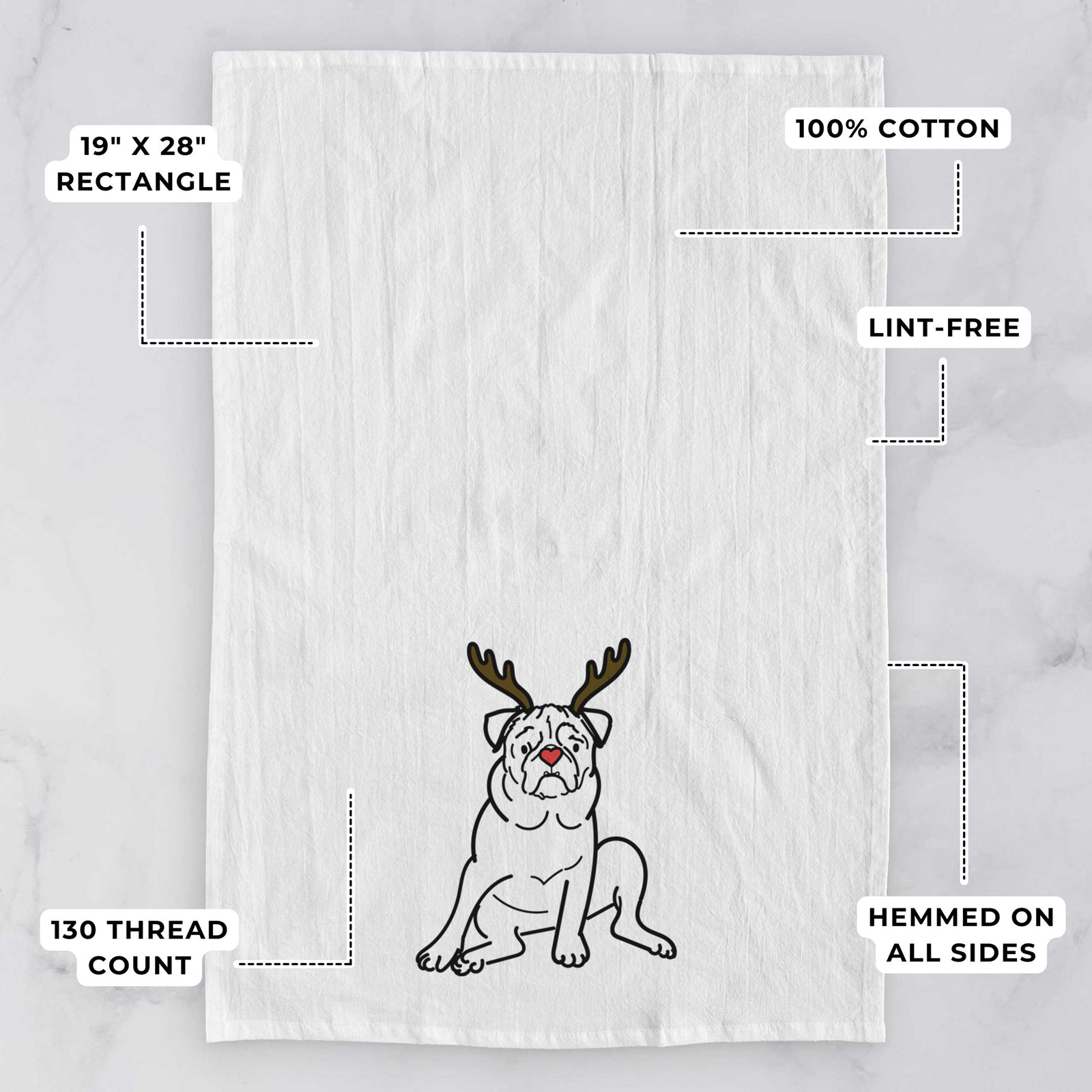 Minimalist line drawing of Rudy the Pug with reindeer antlers and a red nose on a tea towel, with feature callouts: 19 x 28 inch rectangle, 100% cotton, lint-free, 120 thread count, hemmed on all sides
