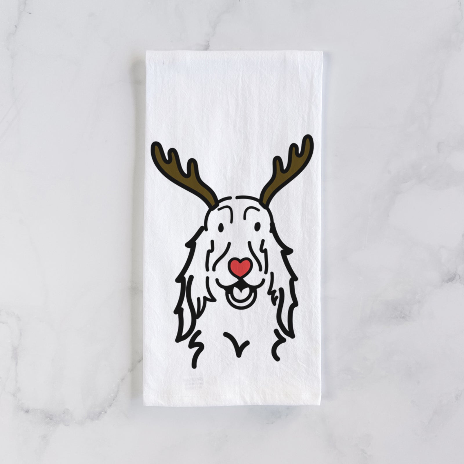 Minimalist line drawing of a Setter with reindeer antlers and a red nose on a tea towel