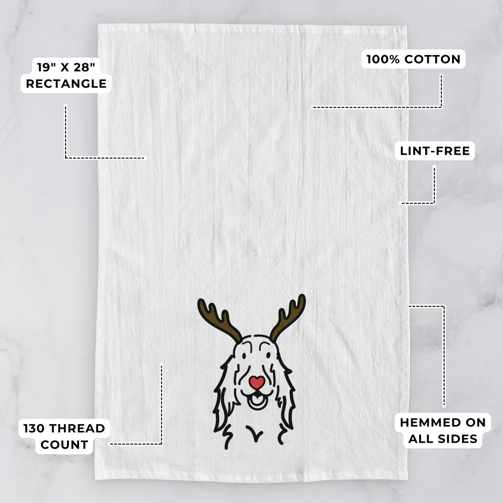 Minimalist line drawing of a Setter with reindeer antlers and a red nose on a tea towel, with feature callouts: 19 x 28 inch rectangle, 100% cotton, lint-free, 120 thread count, hemmed on all sides