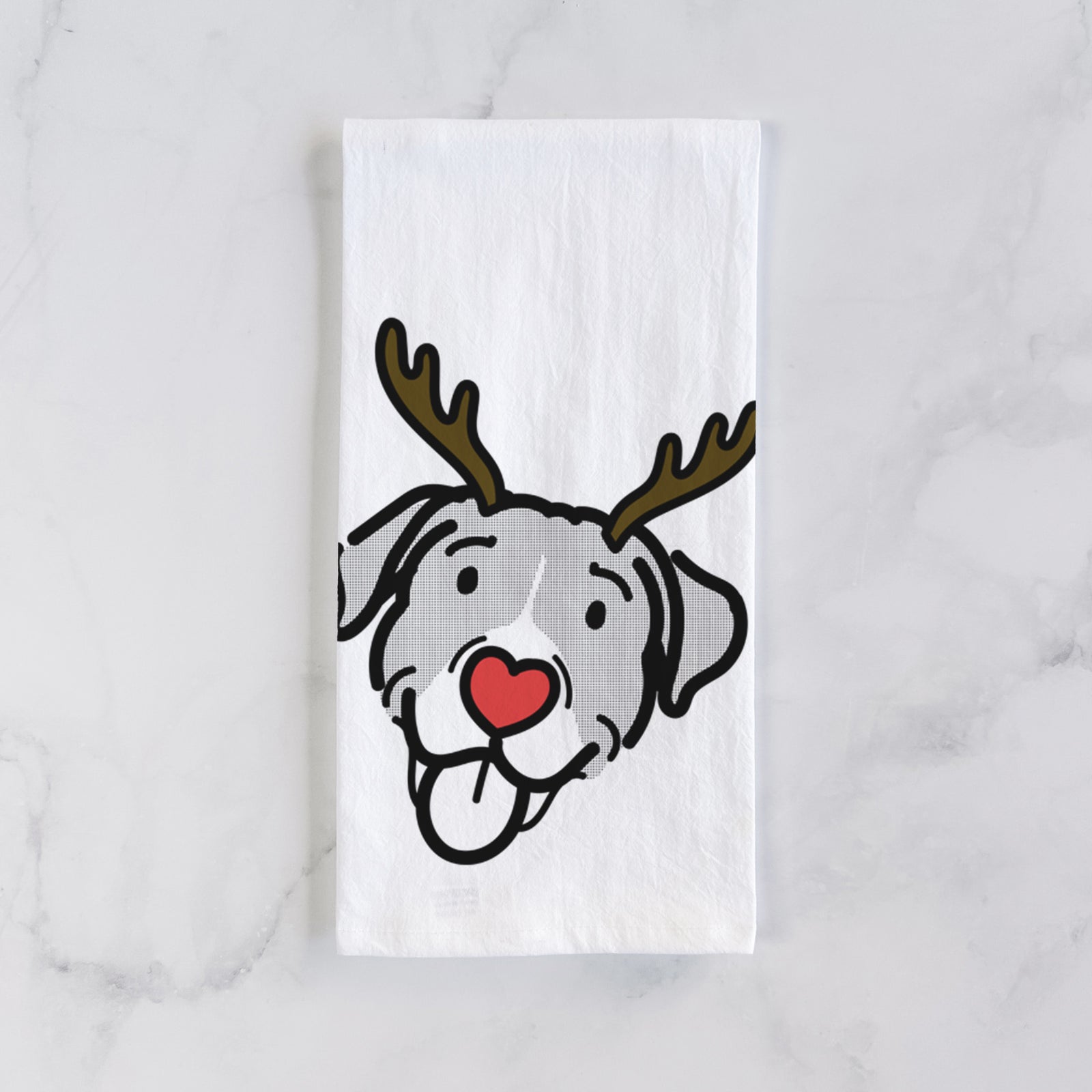 Minimalist line drawing of Shadow the Pitbull Mix with reindeer antlers and a red nose on a tea towel