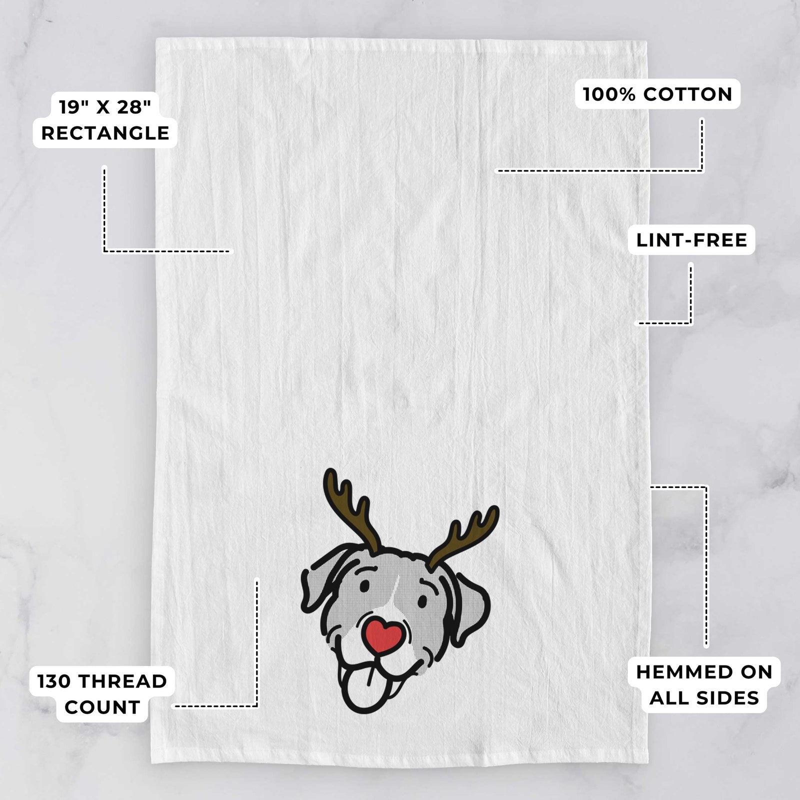 Minimalist line drawing of Shadow the Pitbull Mix with reindeer antlers and a red nose on a tea towel, with feature callouts: 19 x 28 inch rectangle, 100% cotton, lint-free, 120 thread count, hemmed on all sides