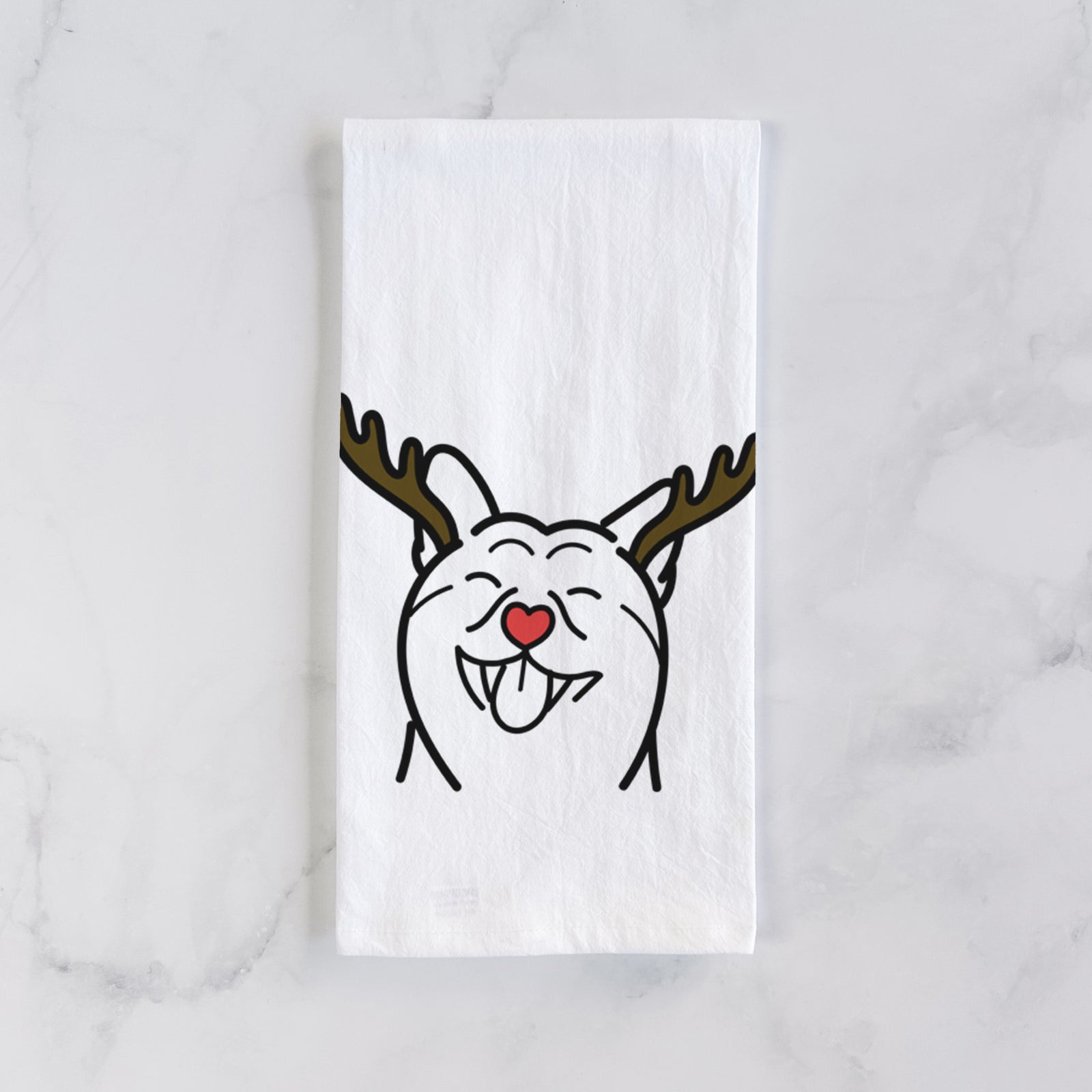 Minimalist line drawing of a Shiba Inu with reindeer antlers and a red nose on a tea towel