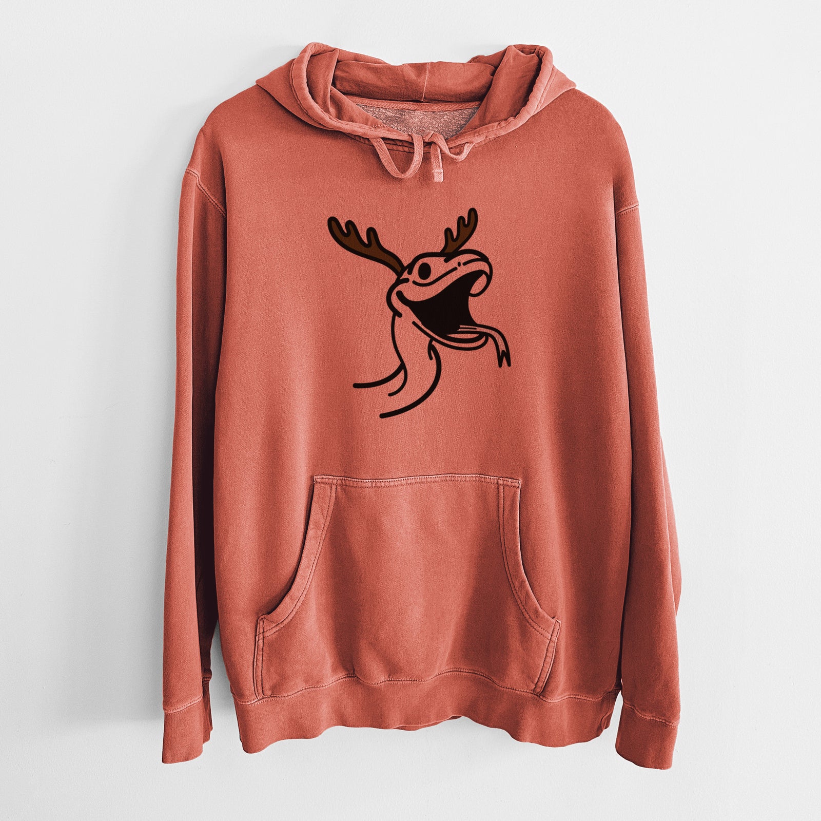 Minimalist line drawing of Spike the Snake with reindeer antlers and a red nose on an Amber Unisex pigment dyed hoodie